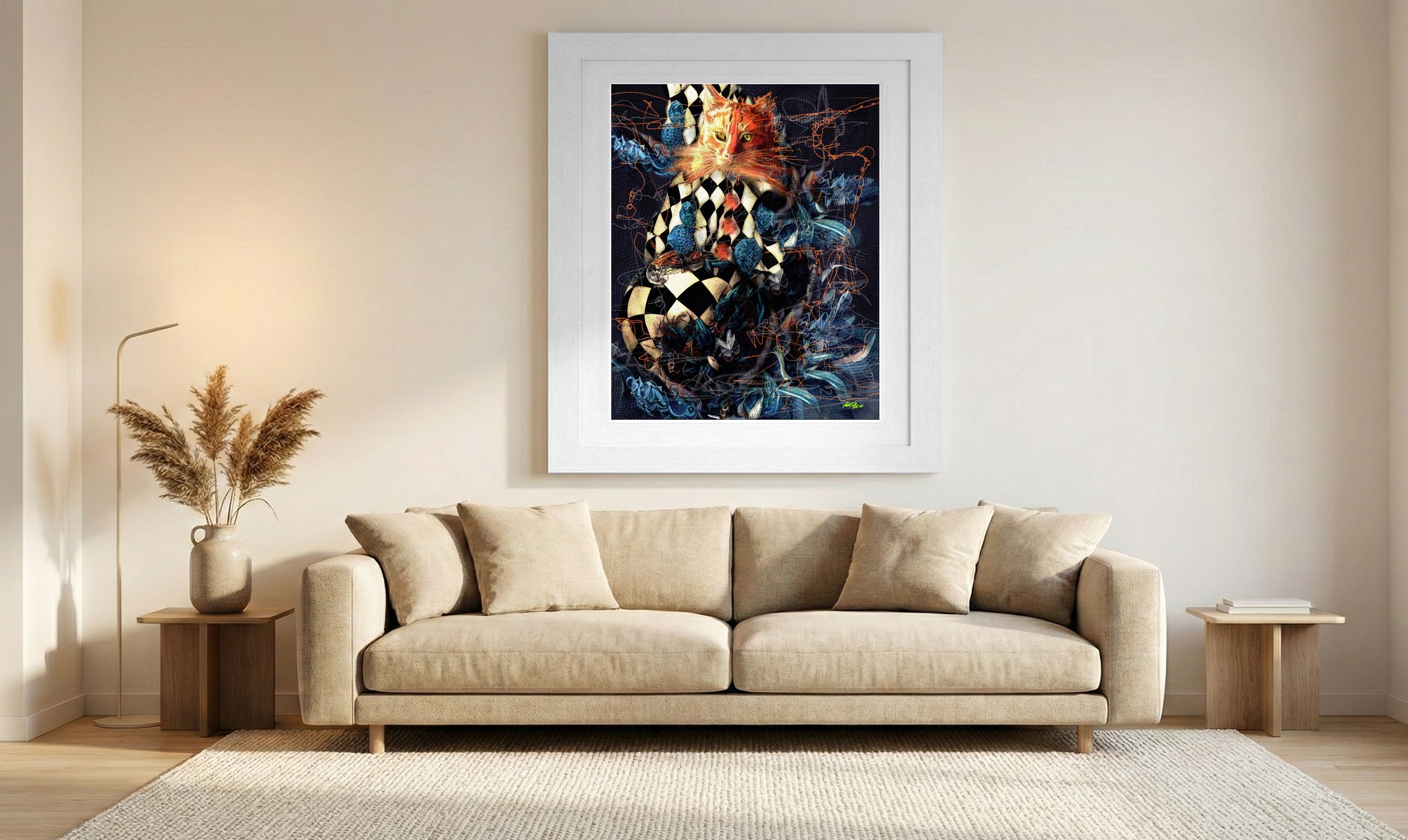Orange Cat in Bold Abstract Layers — art on the wall, room interior preview 1