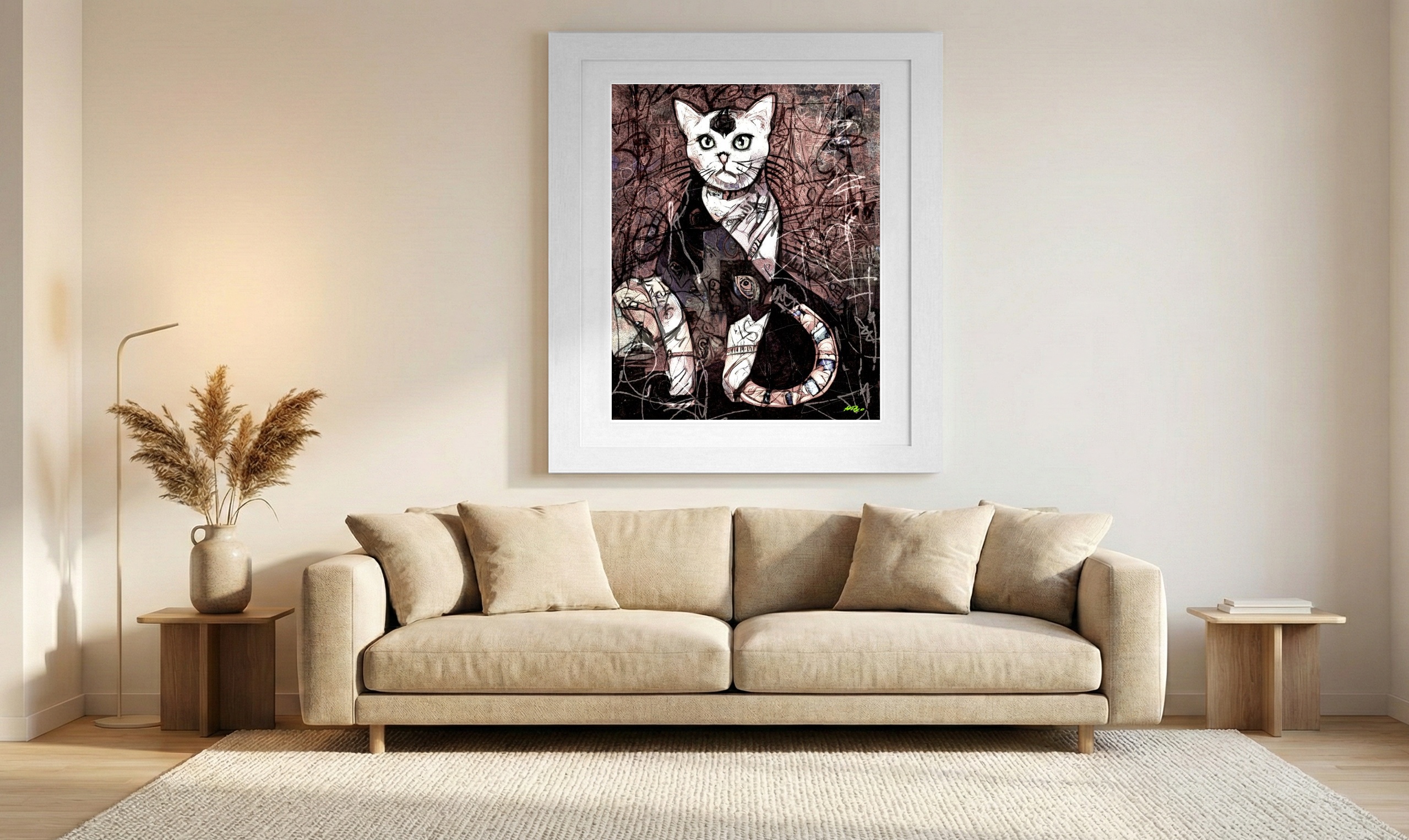 White Cat on Textured Background — art on the wall, room interior preview 1
