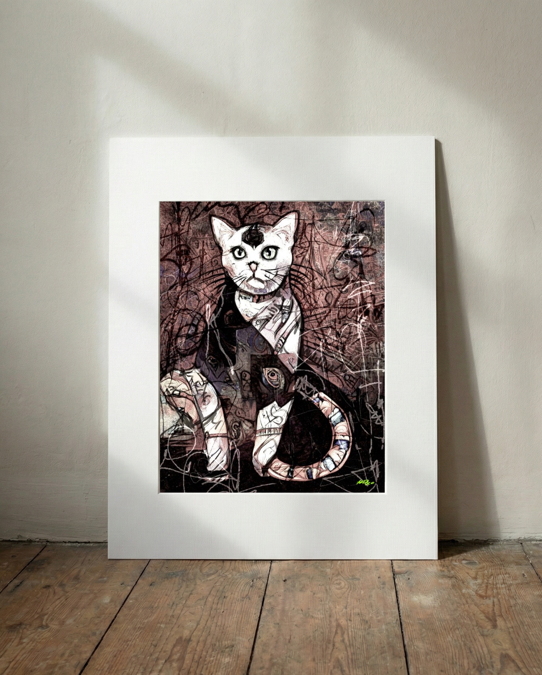 White Cat on Textured Background — art on the wall, room interior preview 3