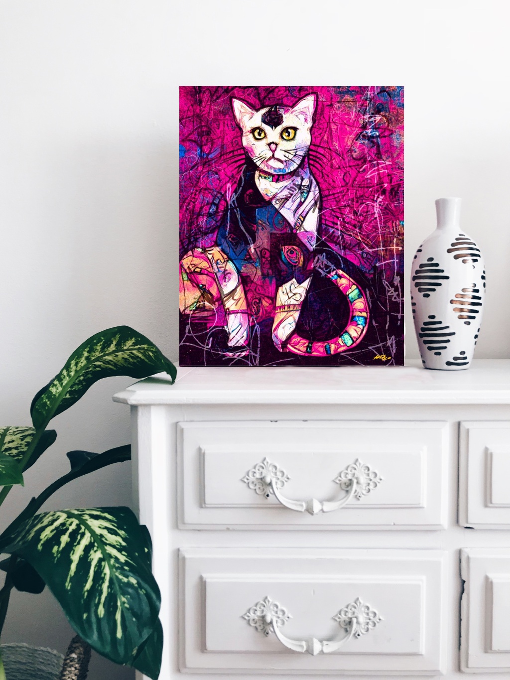 Playful Pink Cat Surrounded by Whimsy — art on the wall, room interior preview 1