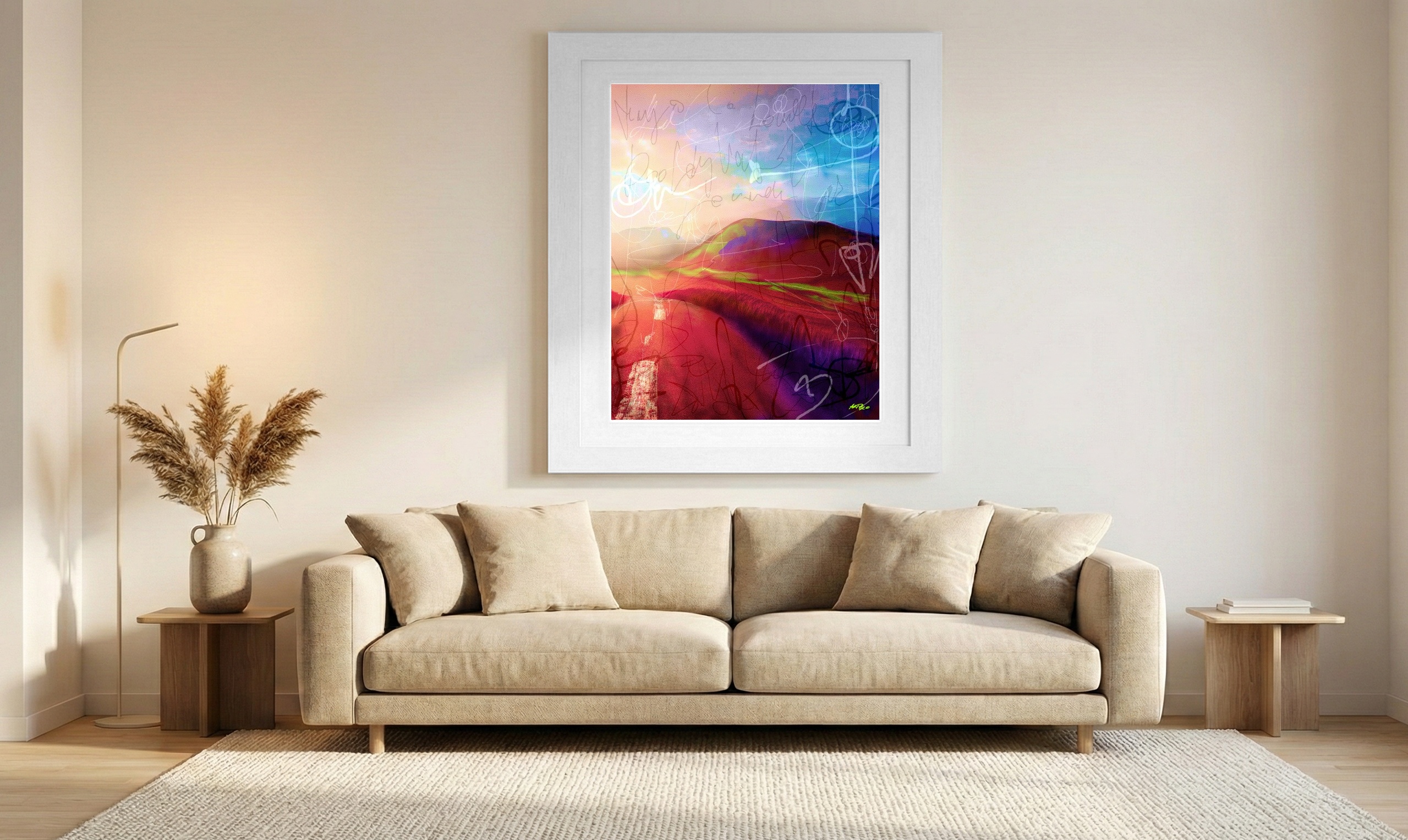 Vibrant Pink Landscape Under a Gradient Sky — art on the wall, room interior preview 1