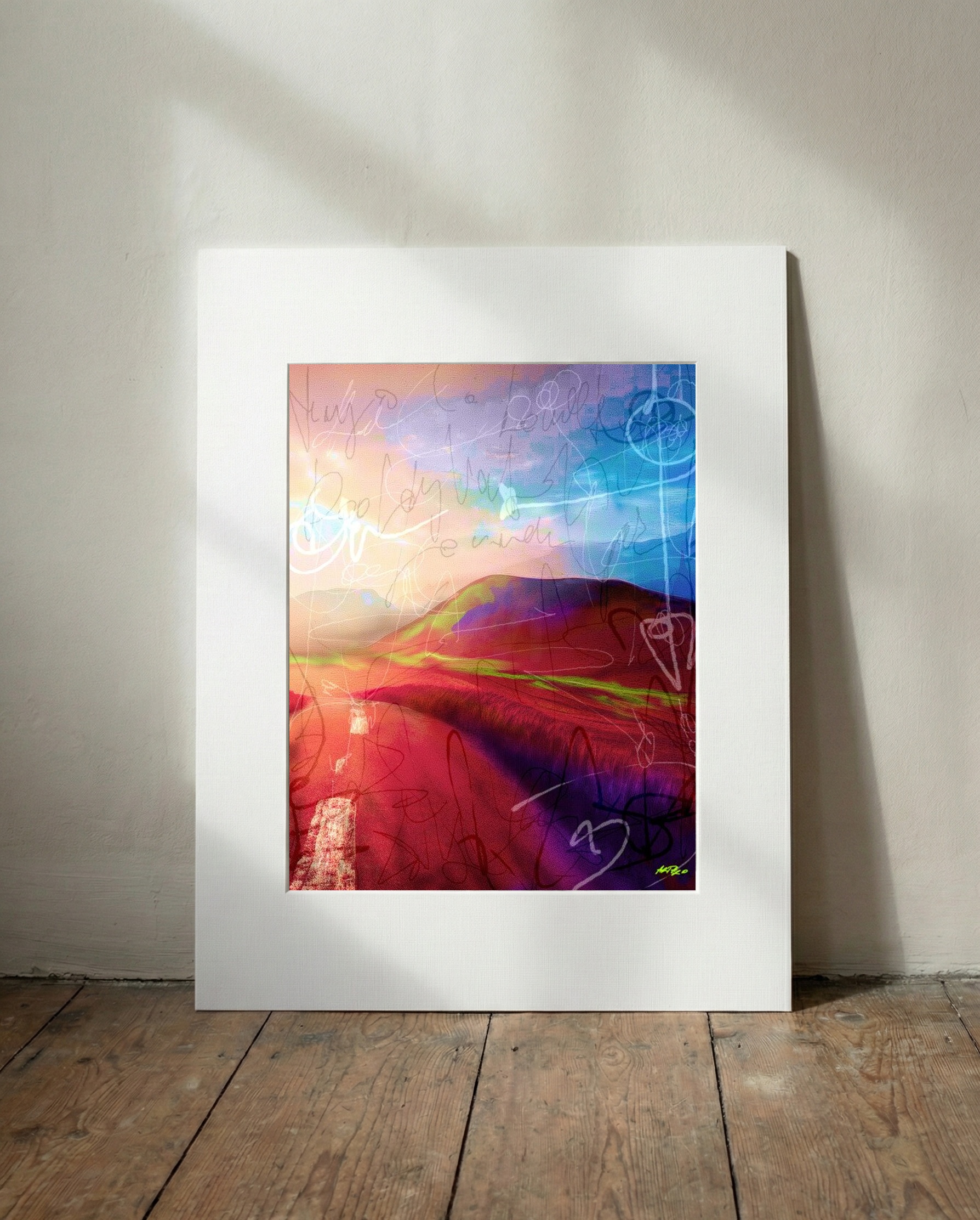 Vibrant Pink Landscape Under a Gradient Sky — art on the wall, room interior preview 3
