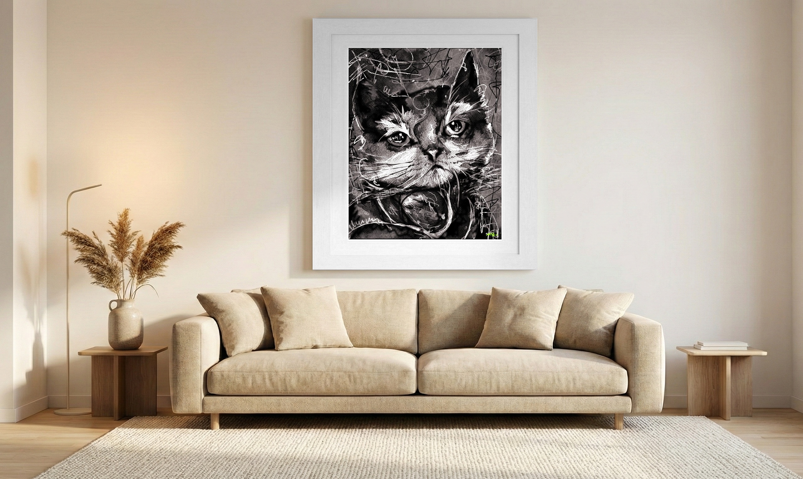 Moody Monochrome Cat in Digital Portrait — art on the wall, room interior preview 1
