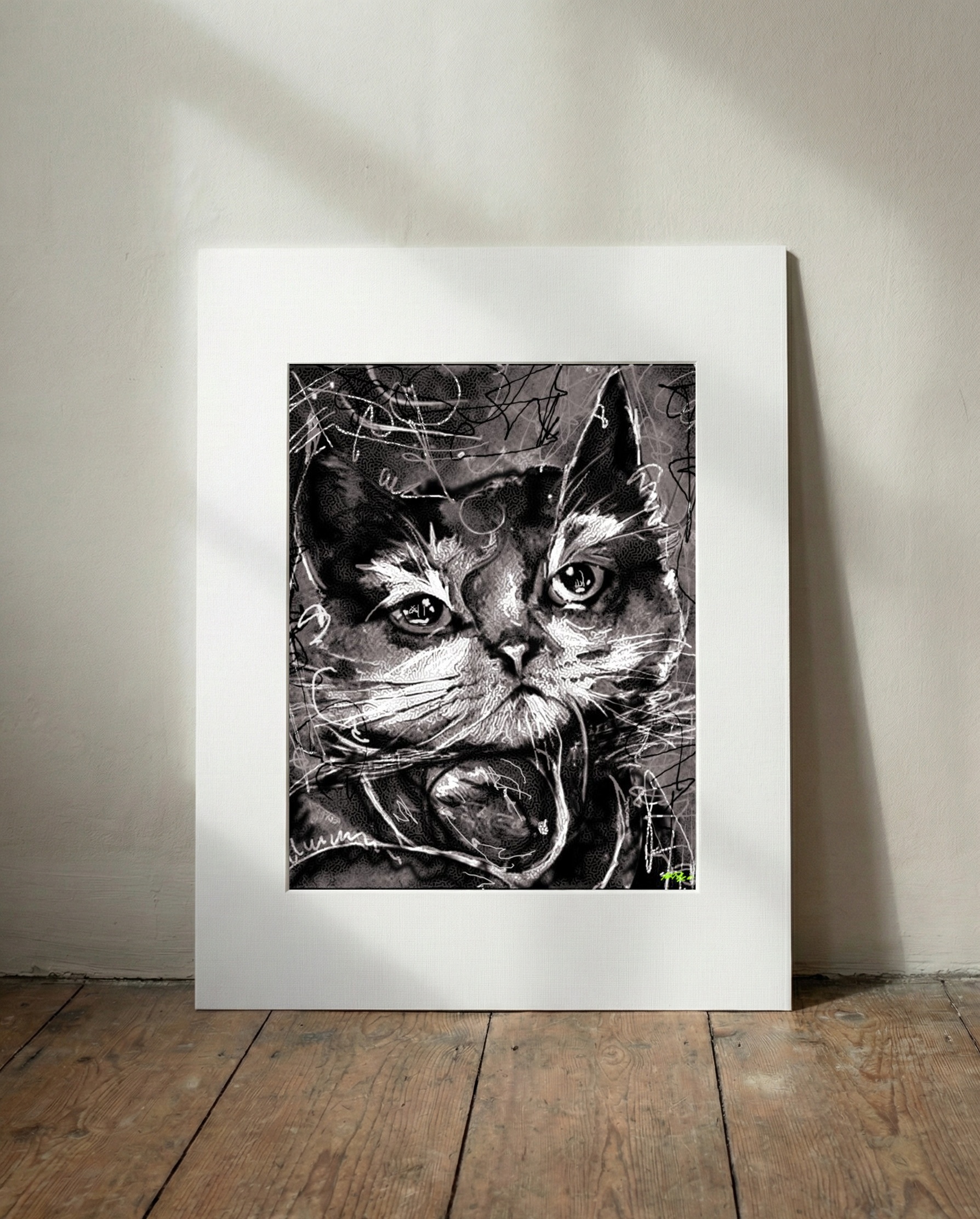 Moody Monochrome Cat in Digital Portrait — art on the wall, room interior preview 3