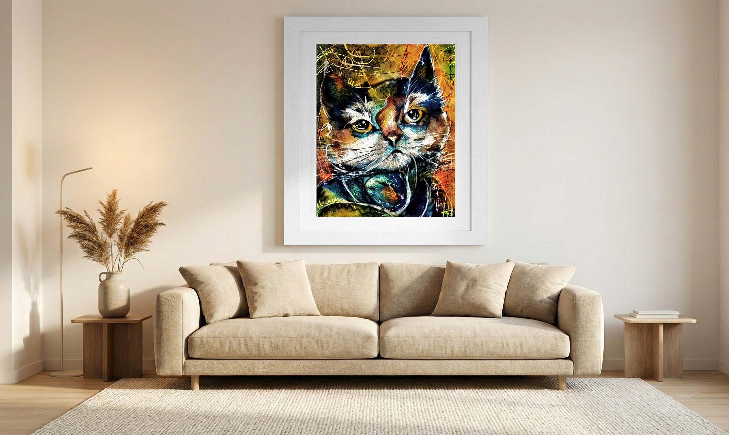 Playful Ochre and Teal Cat in Digital Style — art on the wall, room interior preview 1