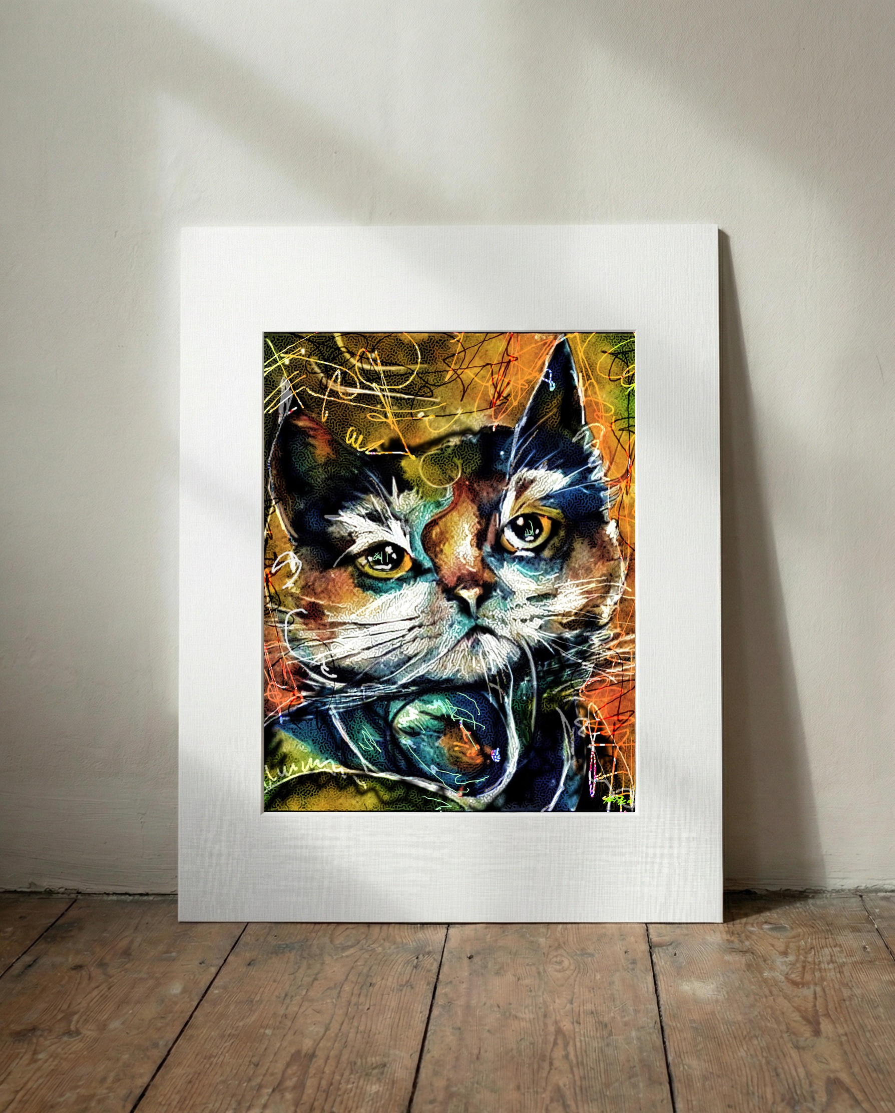 Playful Ochre and Teal Cat in Digital Style — art on the wall, room interior preview 3