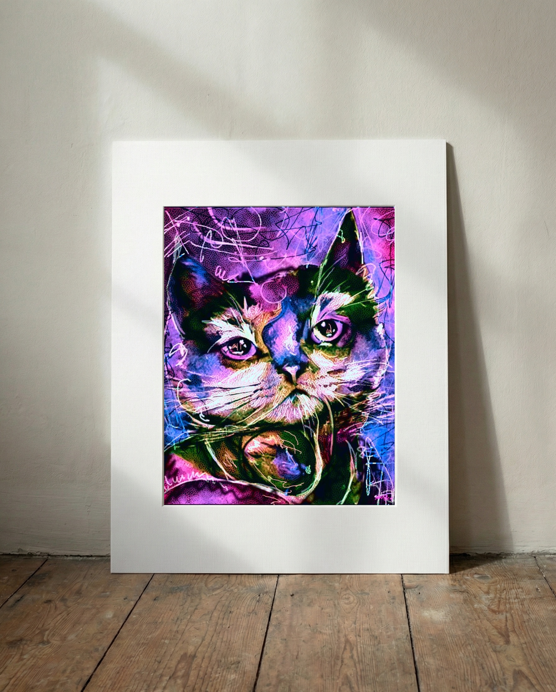 Dreamy Cat in Magenta and Purple Digital Art — art on the wall, room interior preview 3