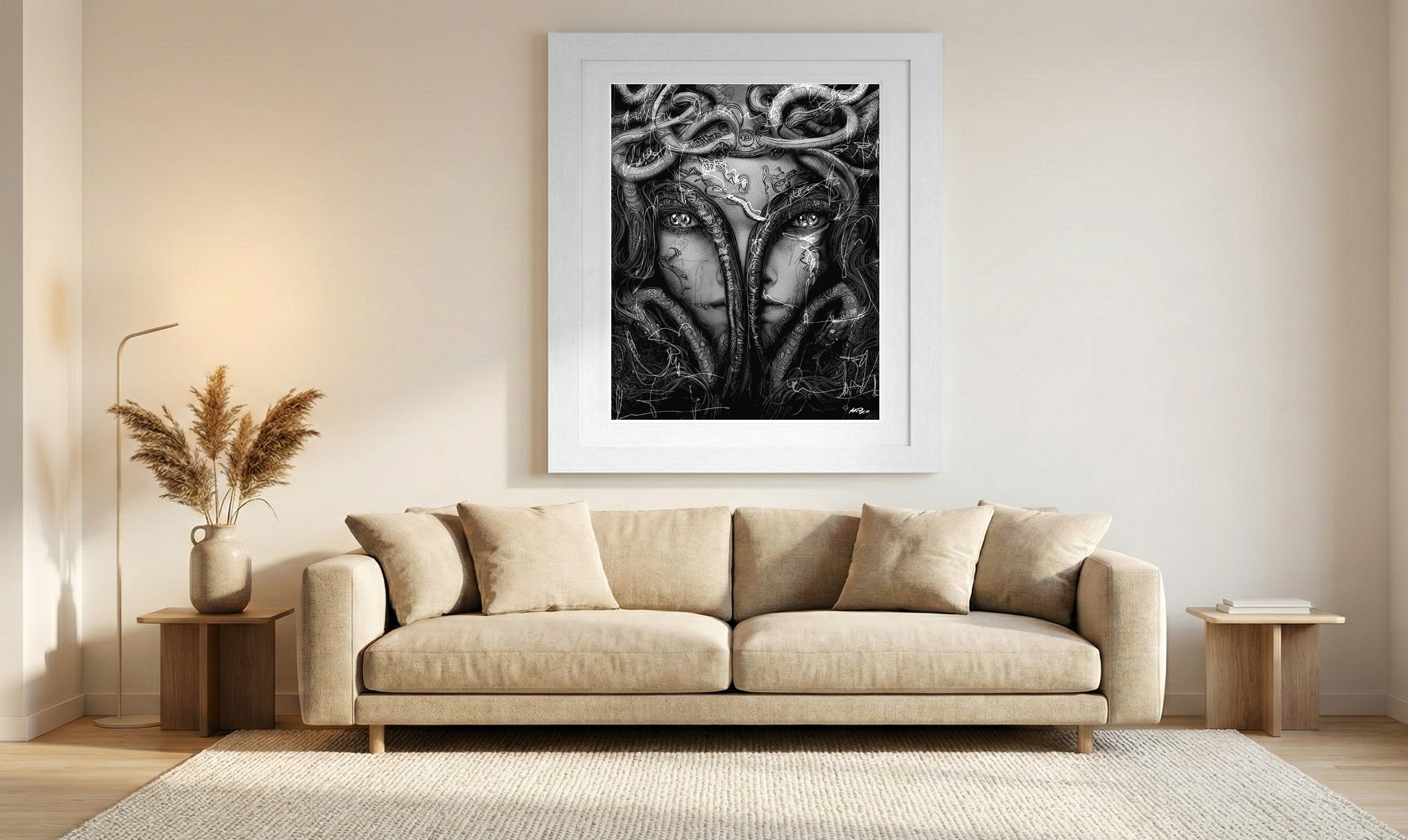 Intricate Black and White Medusa Digital Art — art on the wall, room interior preview 1