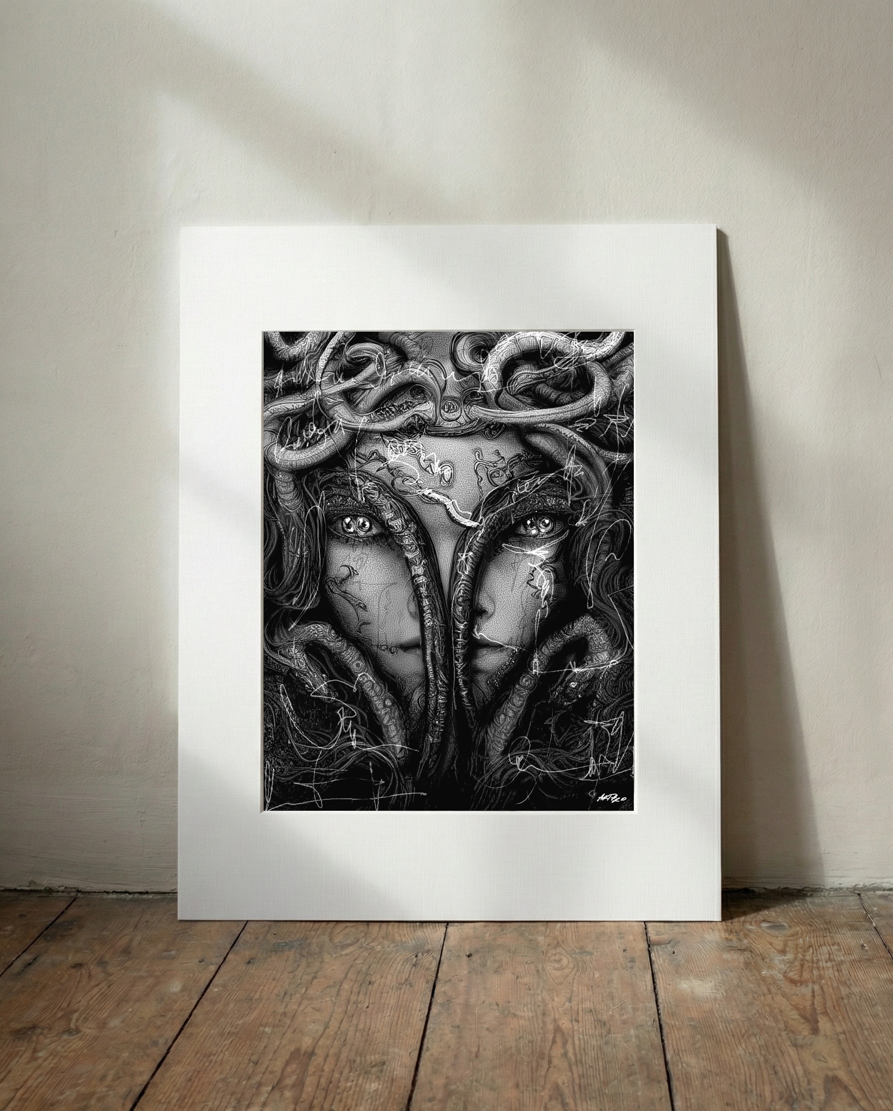 Intricate Black and White Medusa Digital Art — art on the wall, room interior preview 3