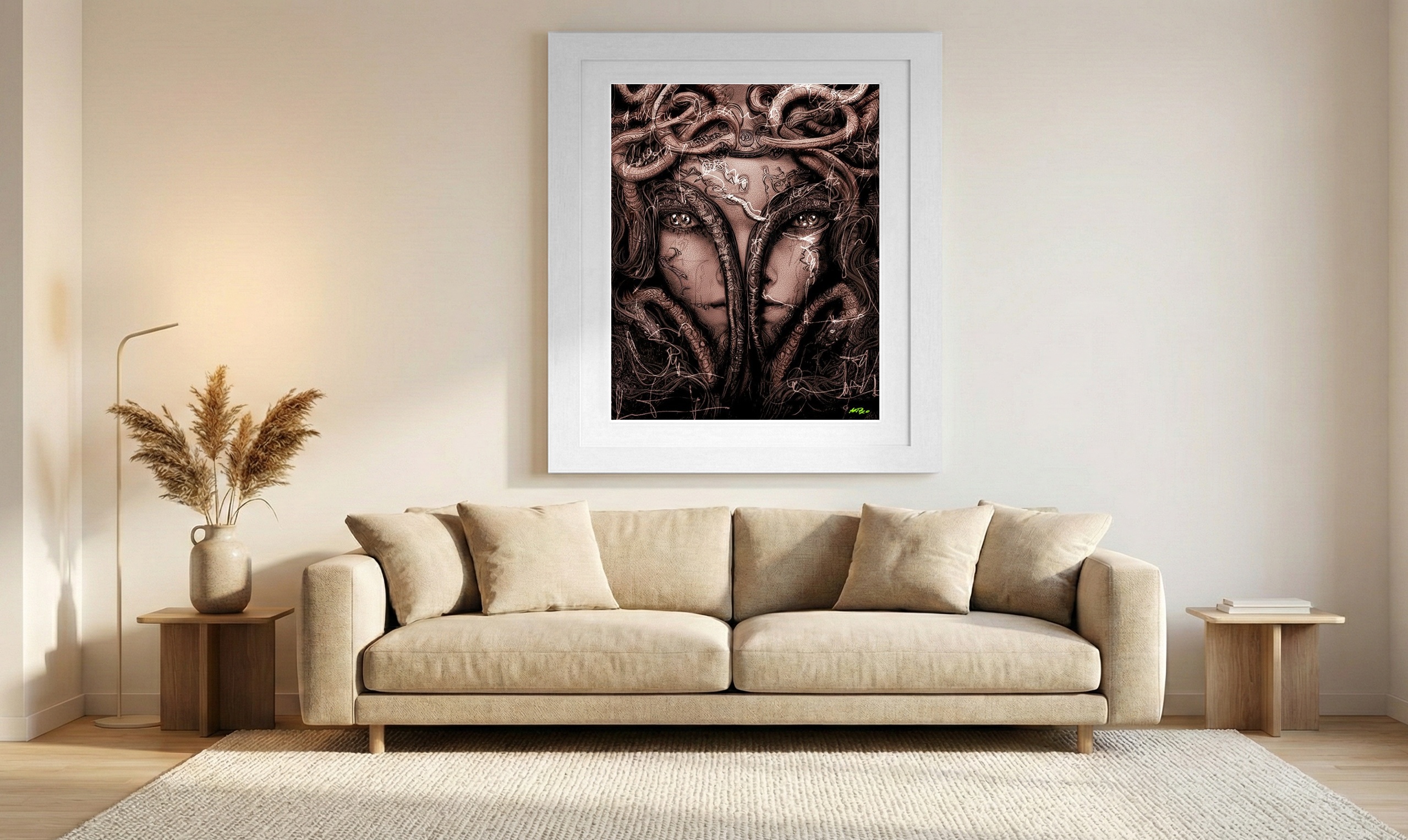Captivating Medusa Portrait in Black and White — art on the wall, room interior preview 1