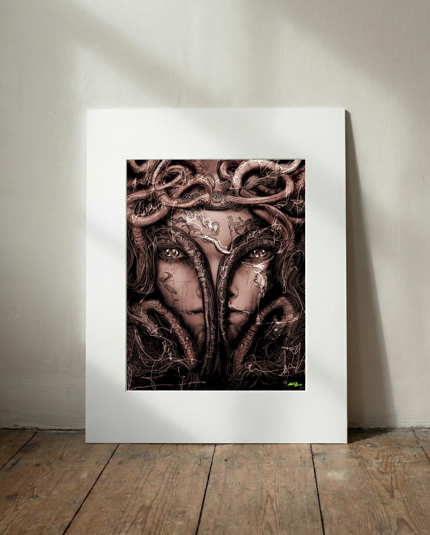 Captivating Medusa Portrait in Black and White — art on the wall, room interior preview 3