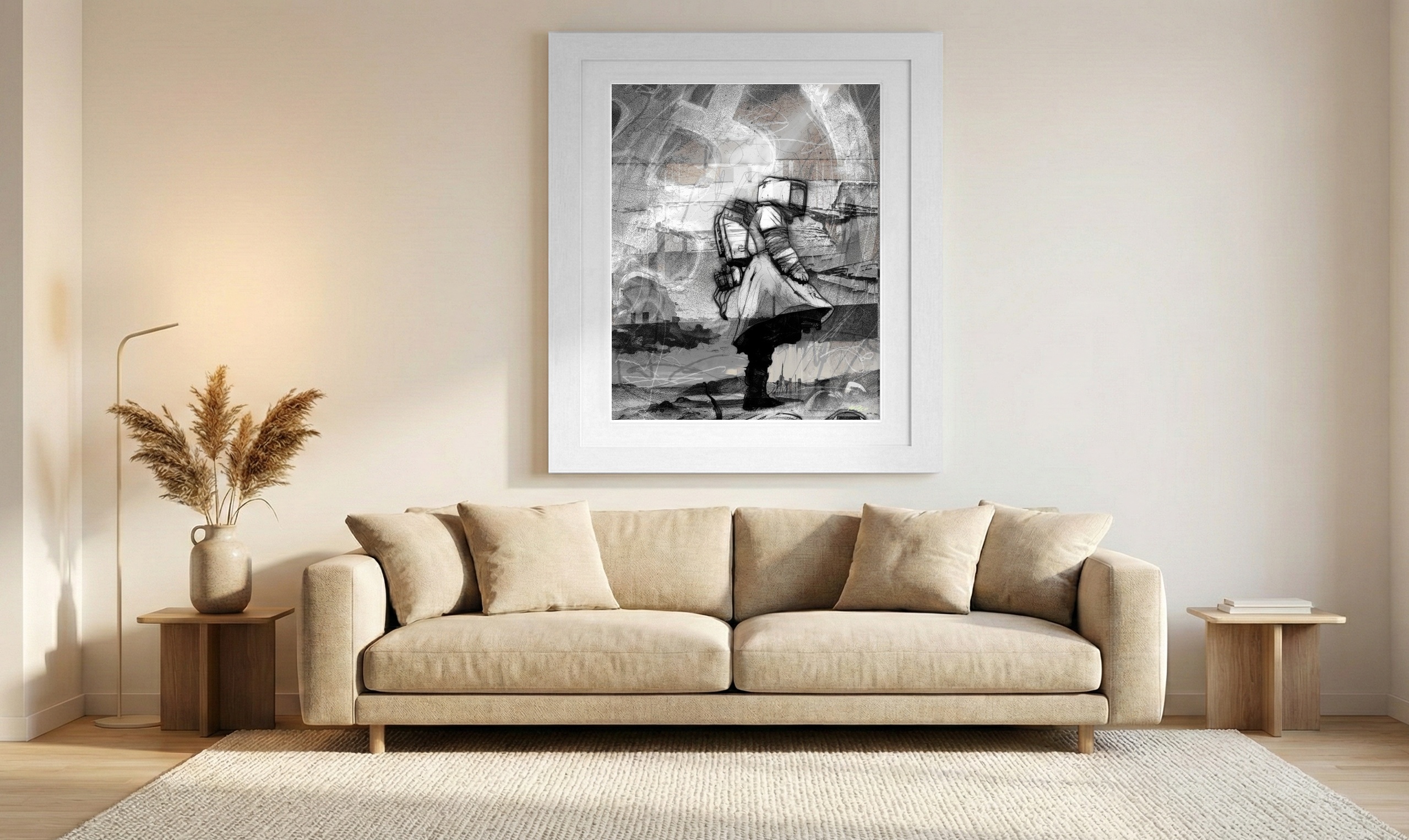 Astronaut Against Monochrome Moon Mission — art on the wall, room interior preview 1
