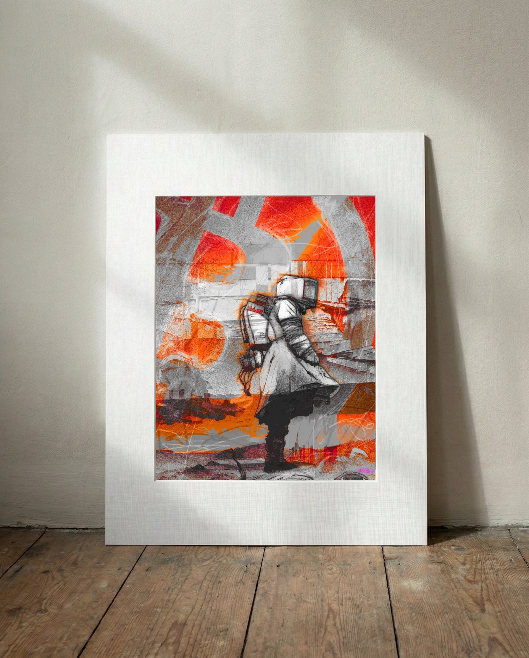 Futuristic Grey Moon Mission Digital Artwork — art on the wall, room interior preview 3