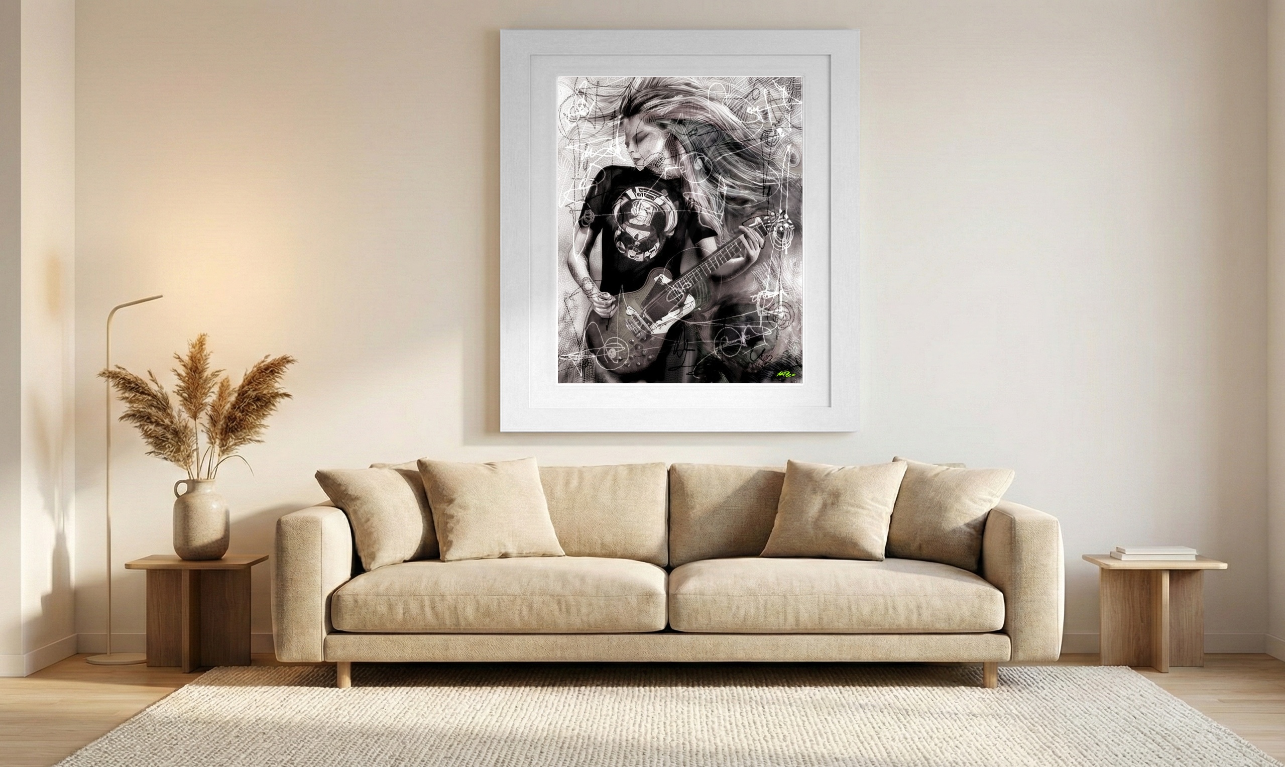 Energetic Black and White Punk Guitarist — art on the wall, room interior preview 1