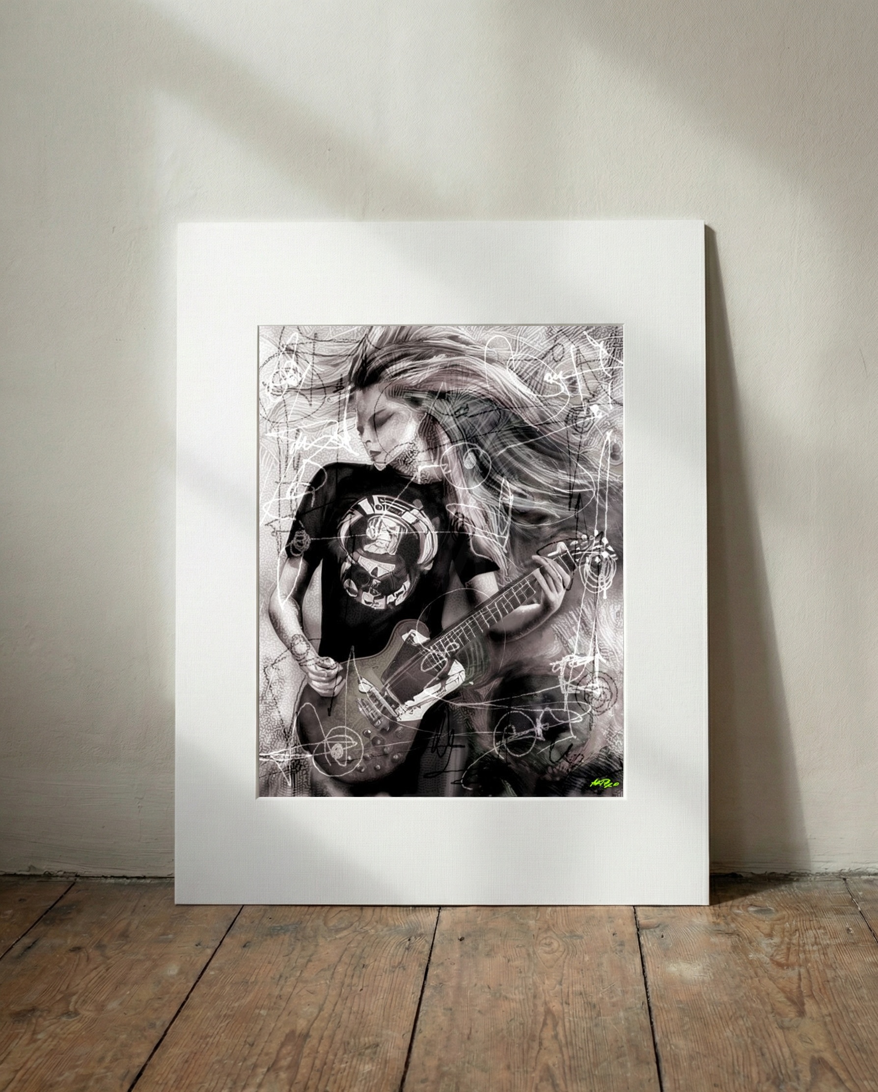 Energetic Black and White Punk Guitarist — art on the wall, room interior preview 3