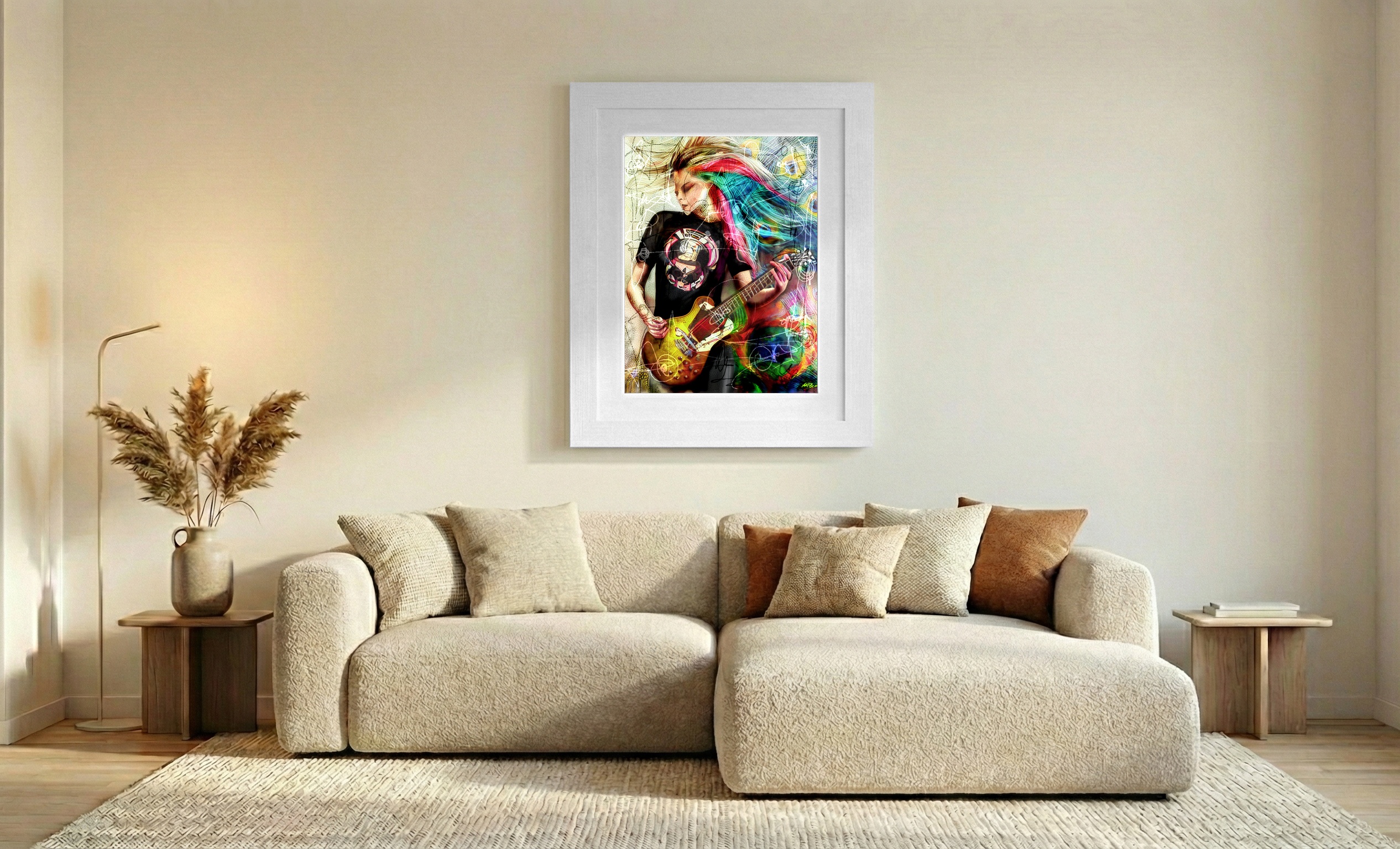 Vibrant Punk Guitarist Woman in Action — art on the wall, room interior preview 2