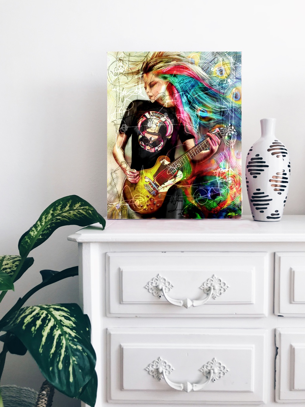 Vibrant Punk Guitarist Woman in Action — art on the wall, room interior preview 3