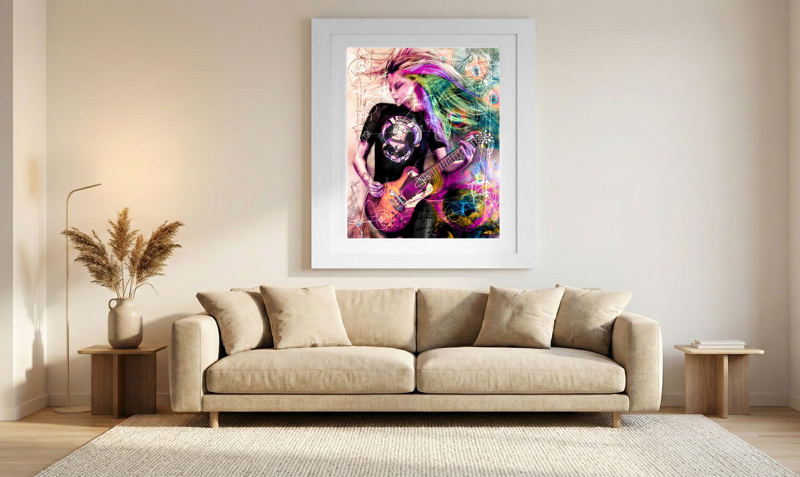 Lilac and Green Punk Guitarist Digital Artwork — art on the wall, room interior preview 1