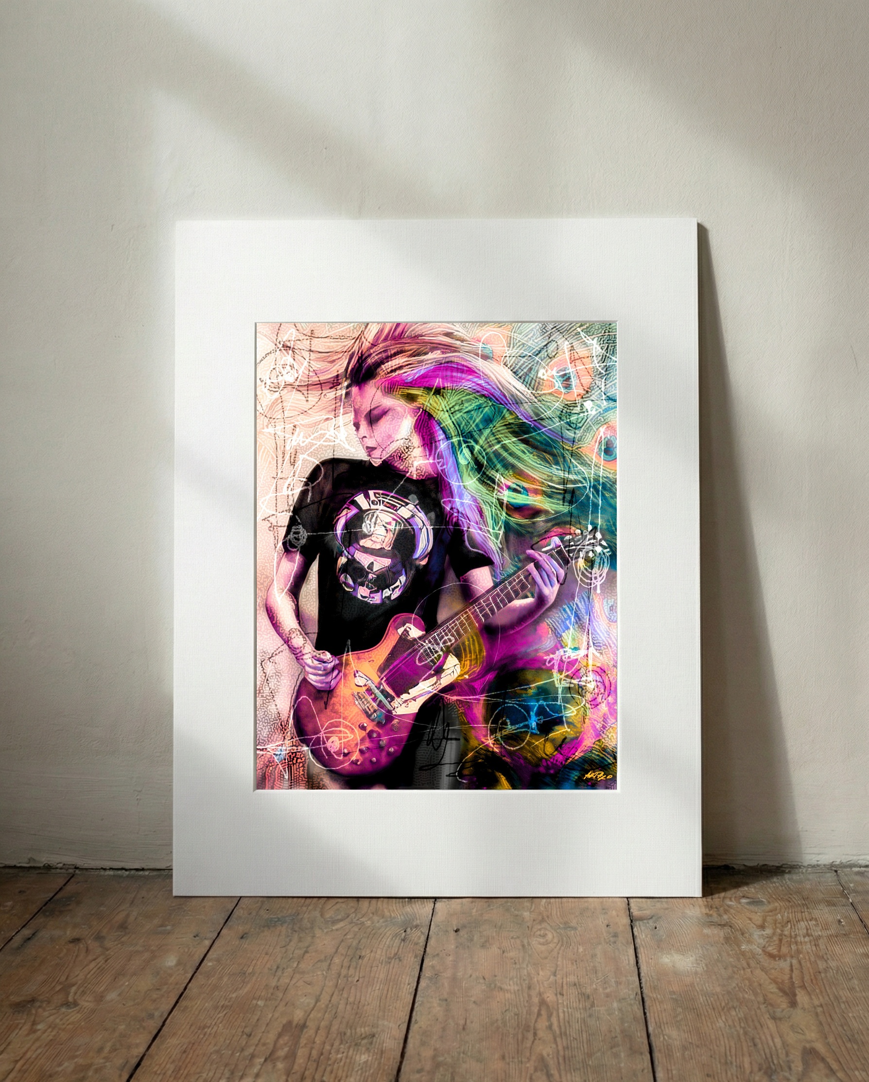 Lilac and Green Punk Guitarist Digital Artwork — art on the wall, room interior preview 3