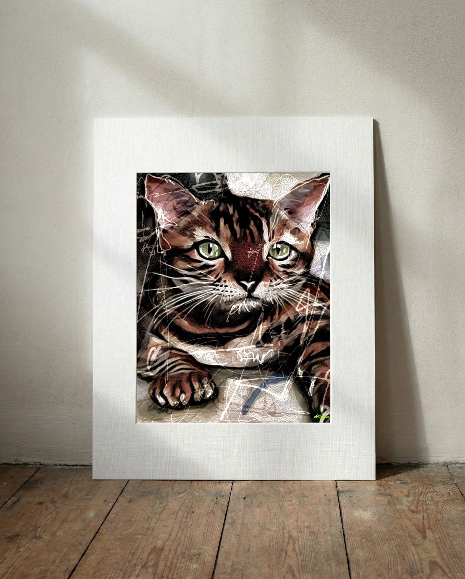 Stylized Black and White Tiger Cat Digital Art — art on the wall, room interior preview 3