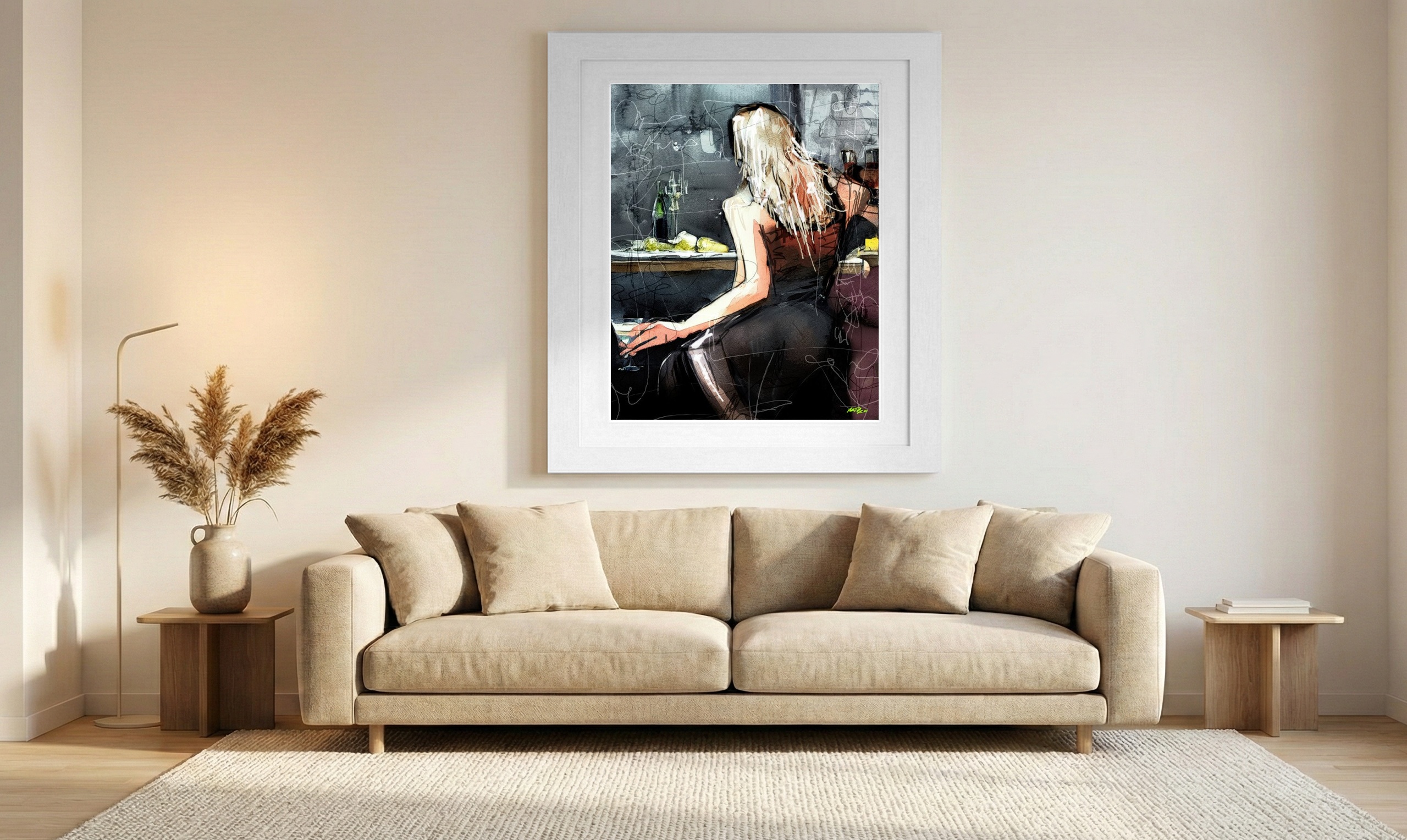 Dynamic Woman in Bar Digital Art — art on the wall, room interior preview 1