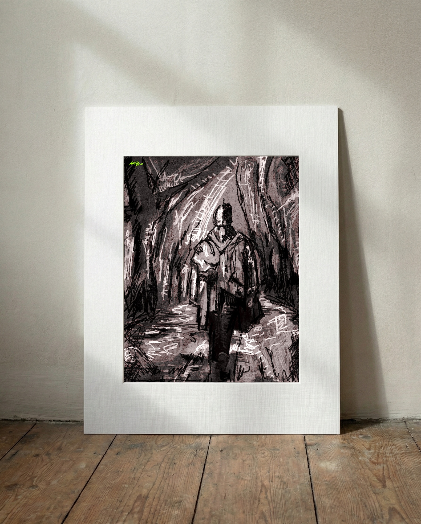 Monochrome Pilgrim on Path Digital Art — art on the wall, room interior preview 3