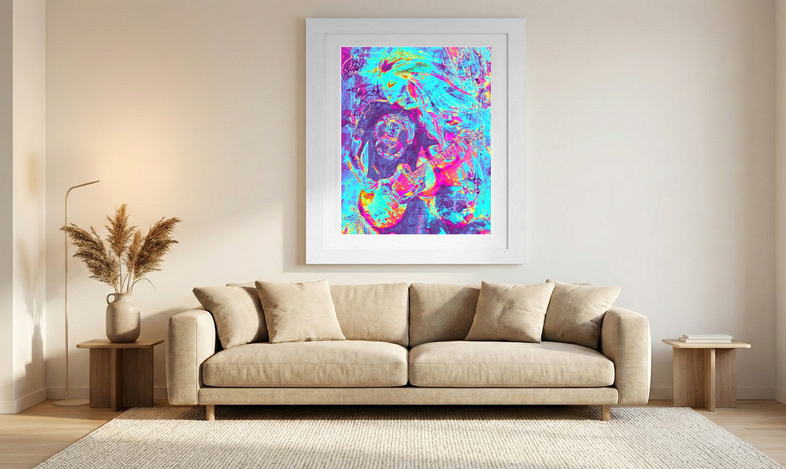 Vibrant Guitarist in Neon Digital Art — art on the wall, room interior preview 1