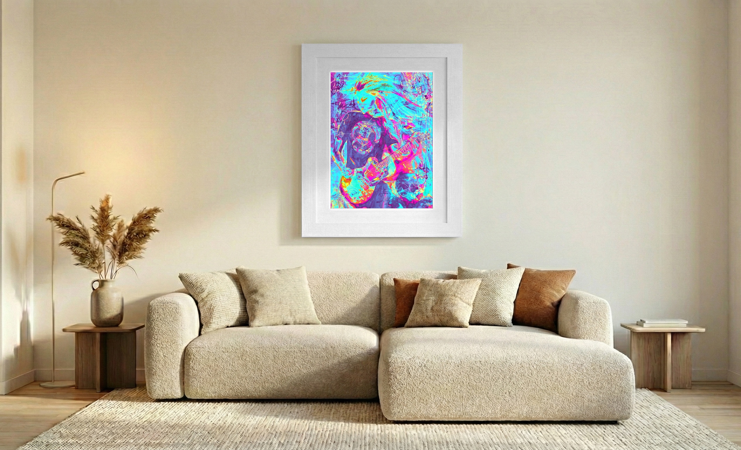 Vibrant Guitarist in Neon Digital Art — art on the wall, room interior preview 2
