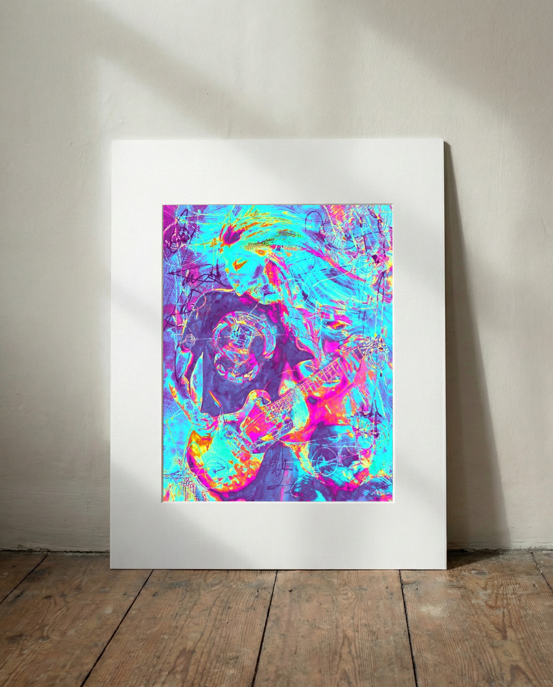Vibrant Guitarist in Neon Digital Art — art on the wall, room interior preview 3