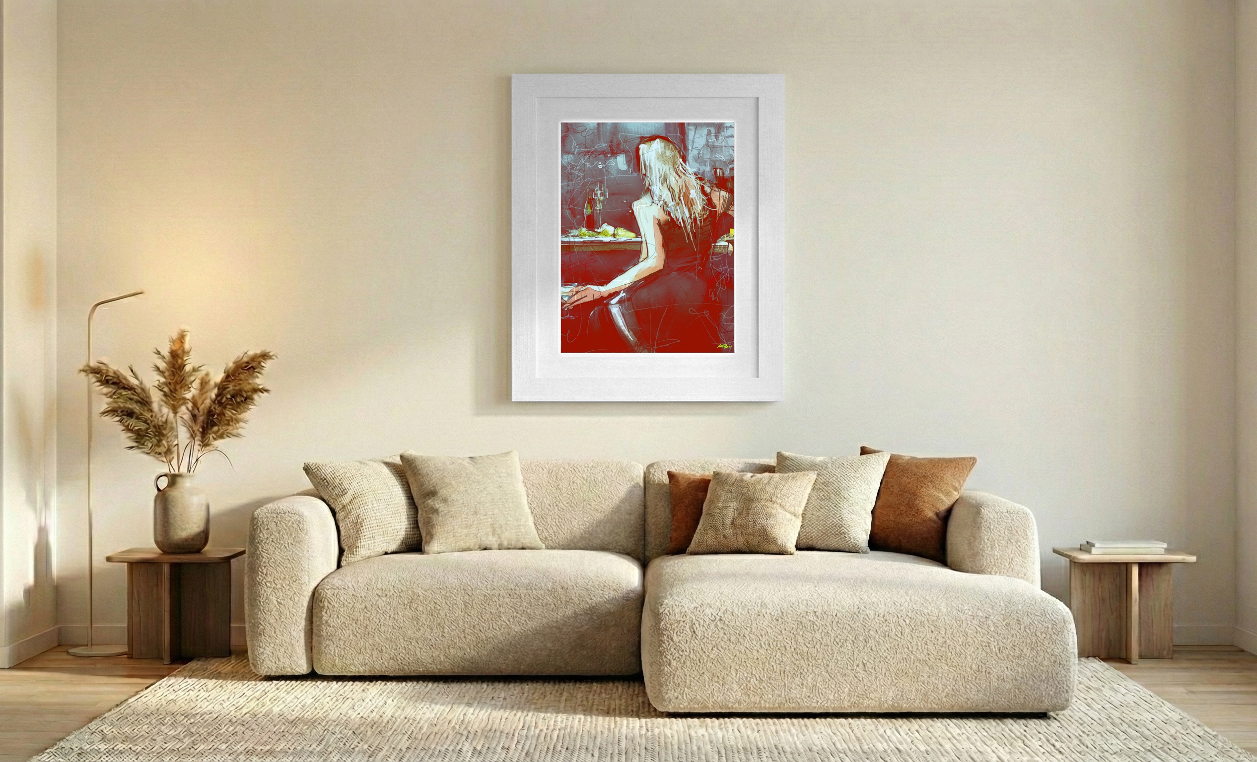 Crimson Woman in Bar Digital Art — art on the wall, room interior preview 2