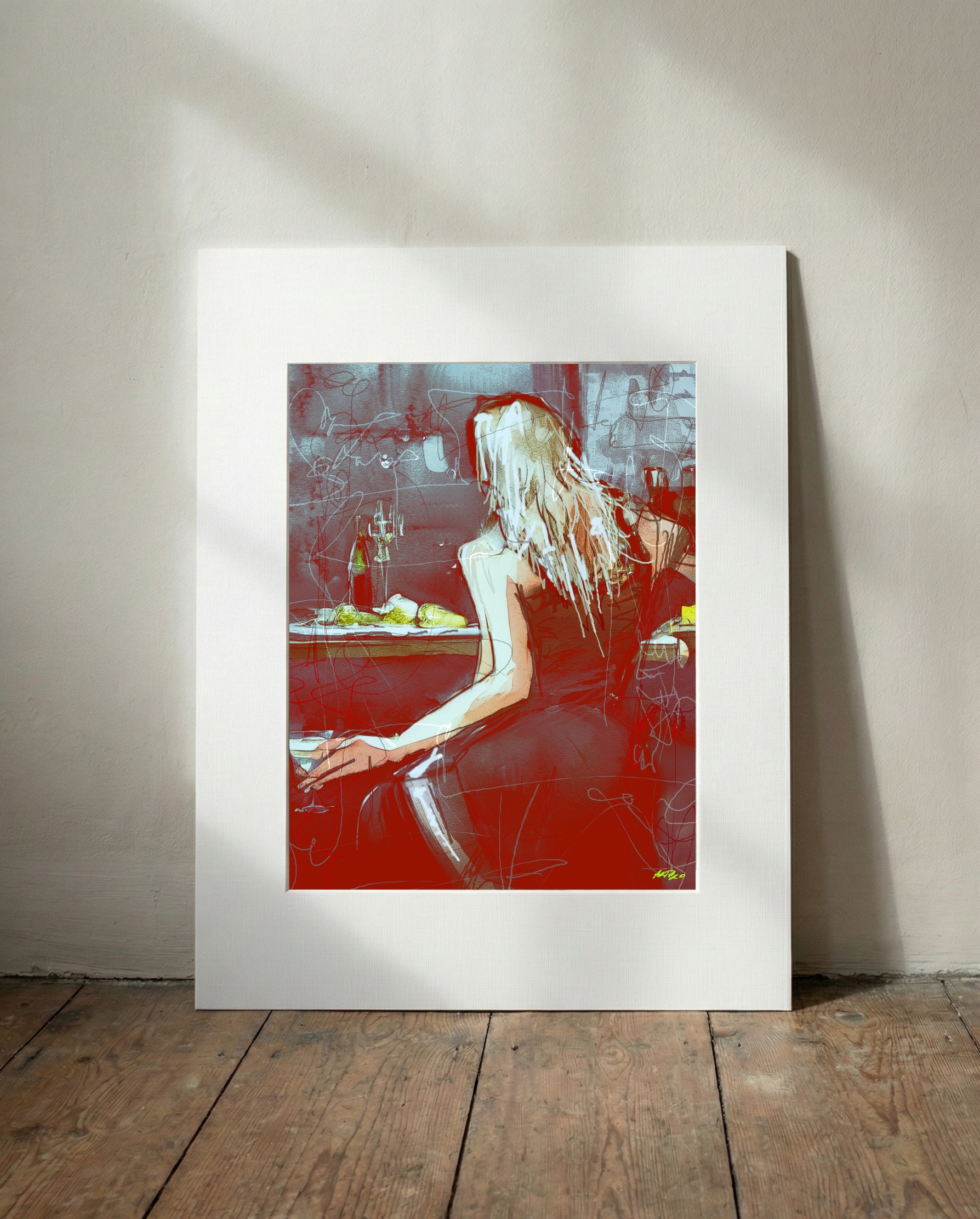 Crimson Woman in Bar Digital Art — art on the wall, room interior preview 3