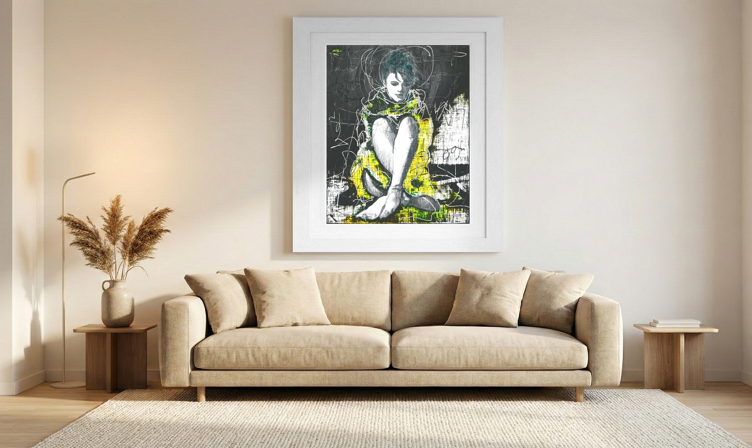 Lime Green and Charcoal Contemplative Woman — art on the wall, room interior preview 1