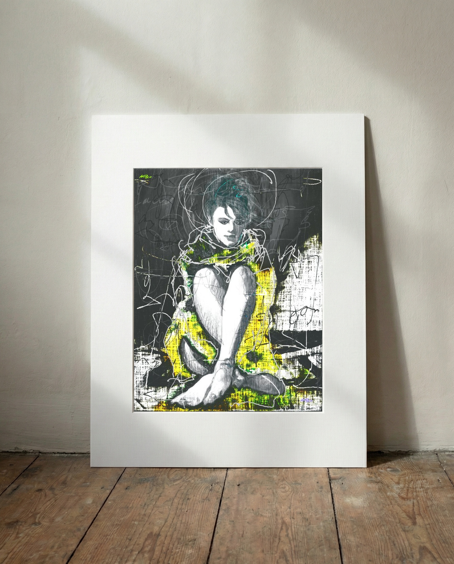 Lime Green and Charcoal Contemplative Woman — art on the wall, room interior preview 3