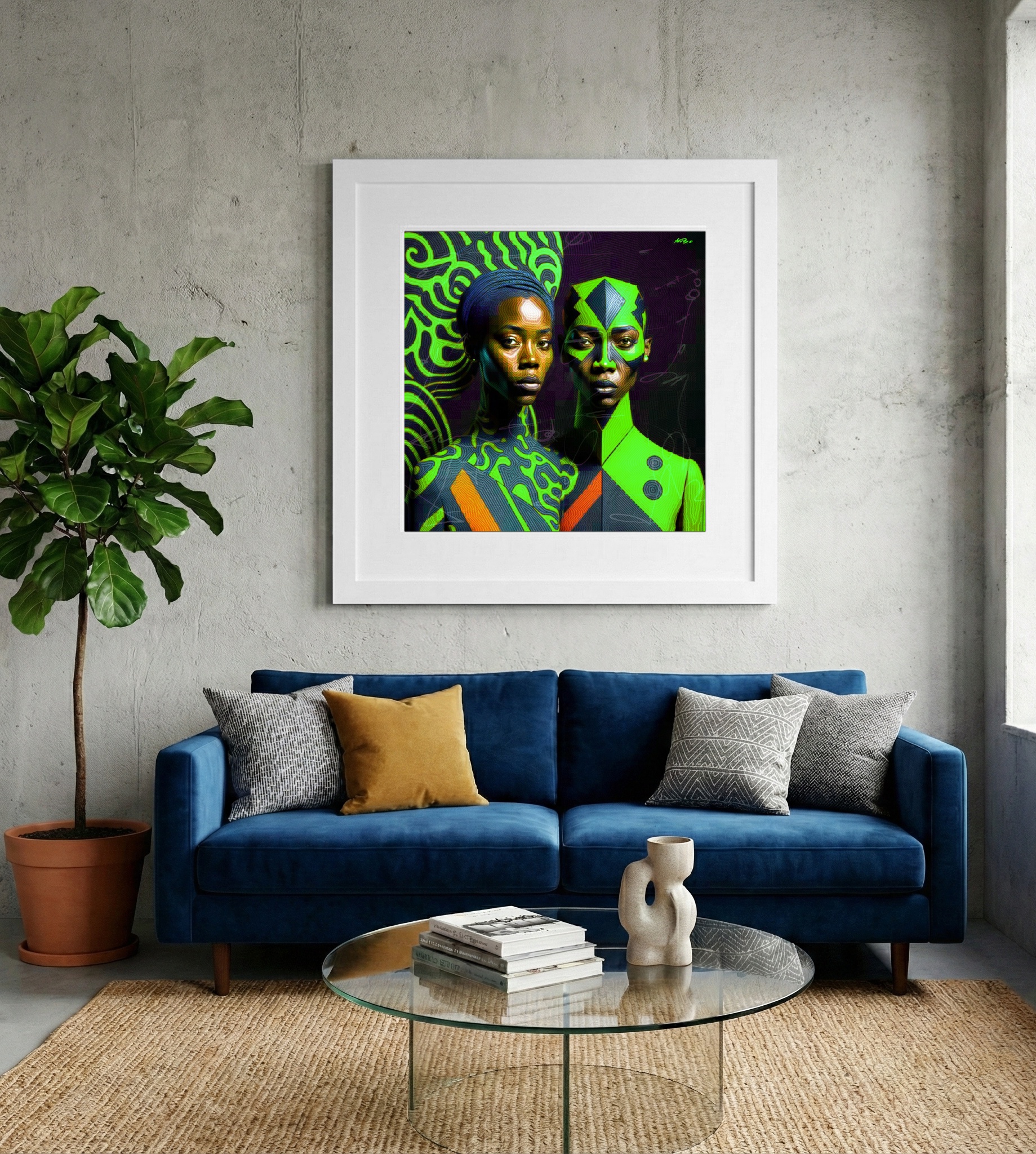 Green and Orange African Art in Digital Form — art on the wall, room interior preview 2