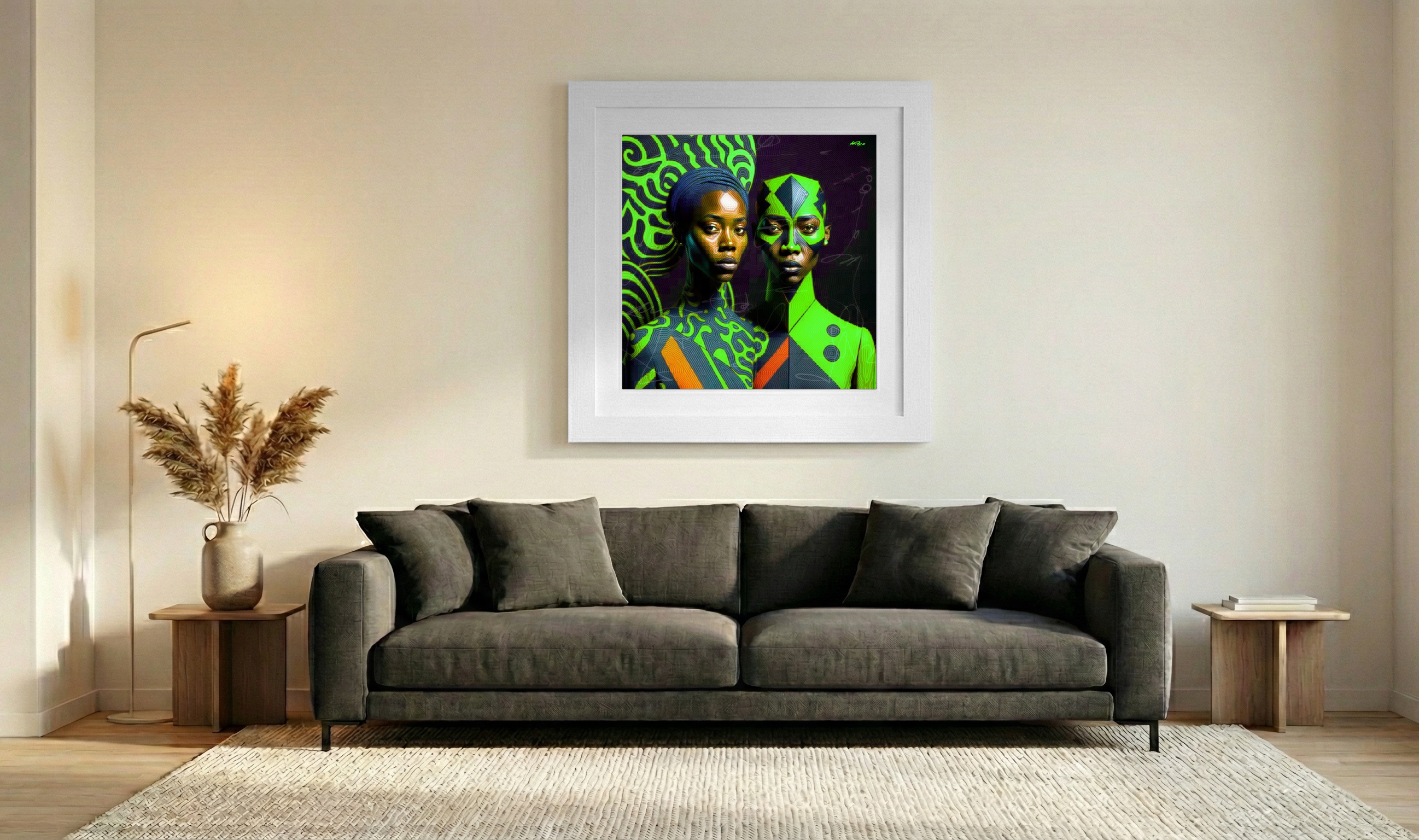 Green and Orange African Art in Digital Form — art on the wall, room interior preview 3