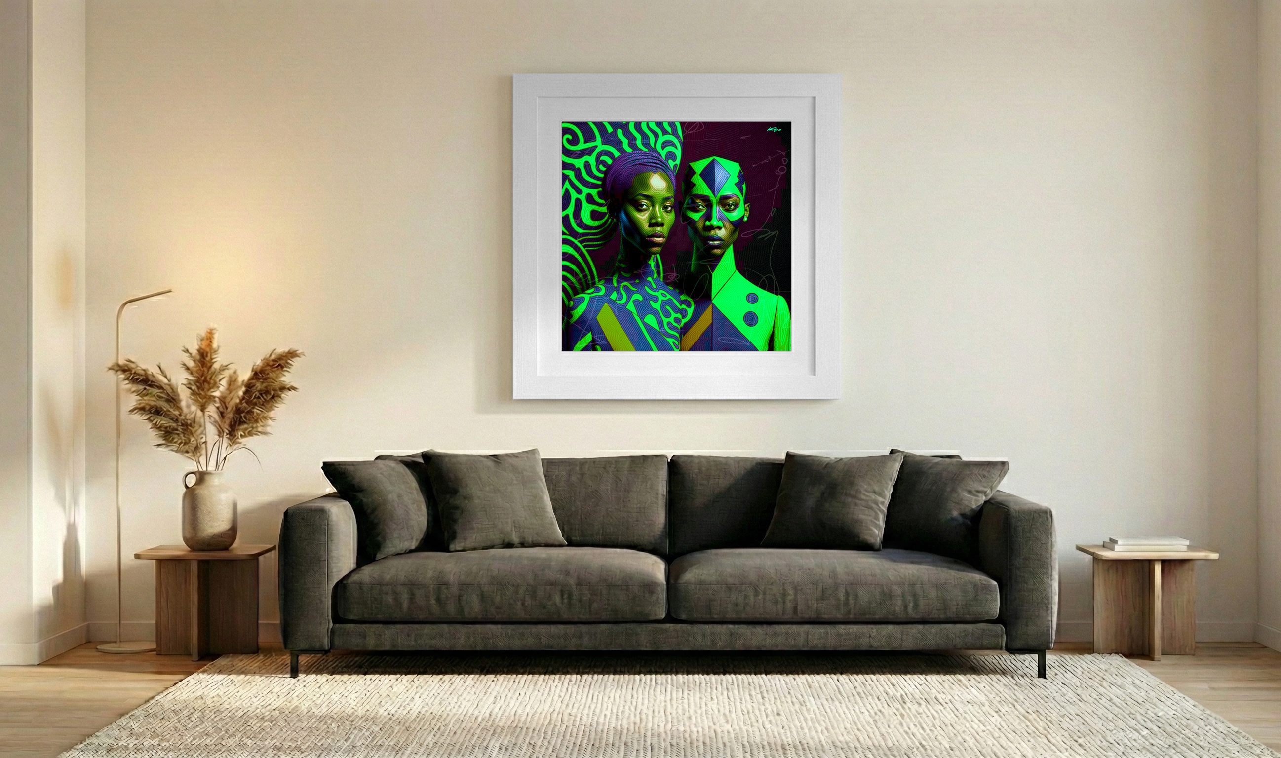 Neon Green and Purple African Digital Artwork — art on the wall, room interior preview 3