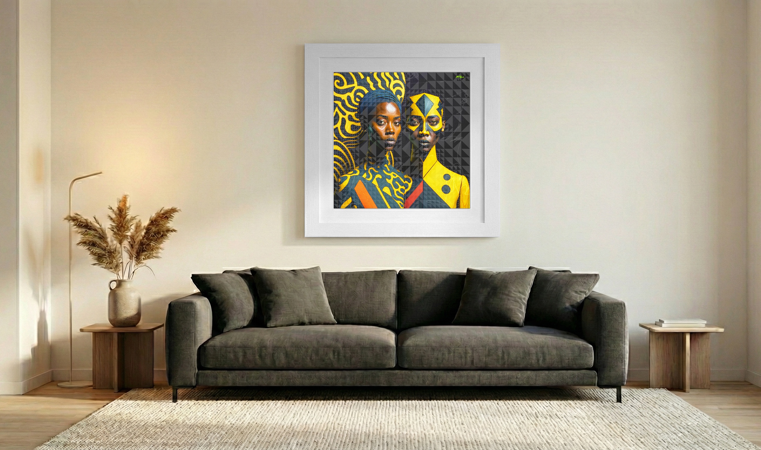 Gray and Yellow African Triangle Digital Art — art on the wall, room interior preview 3