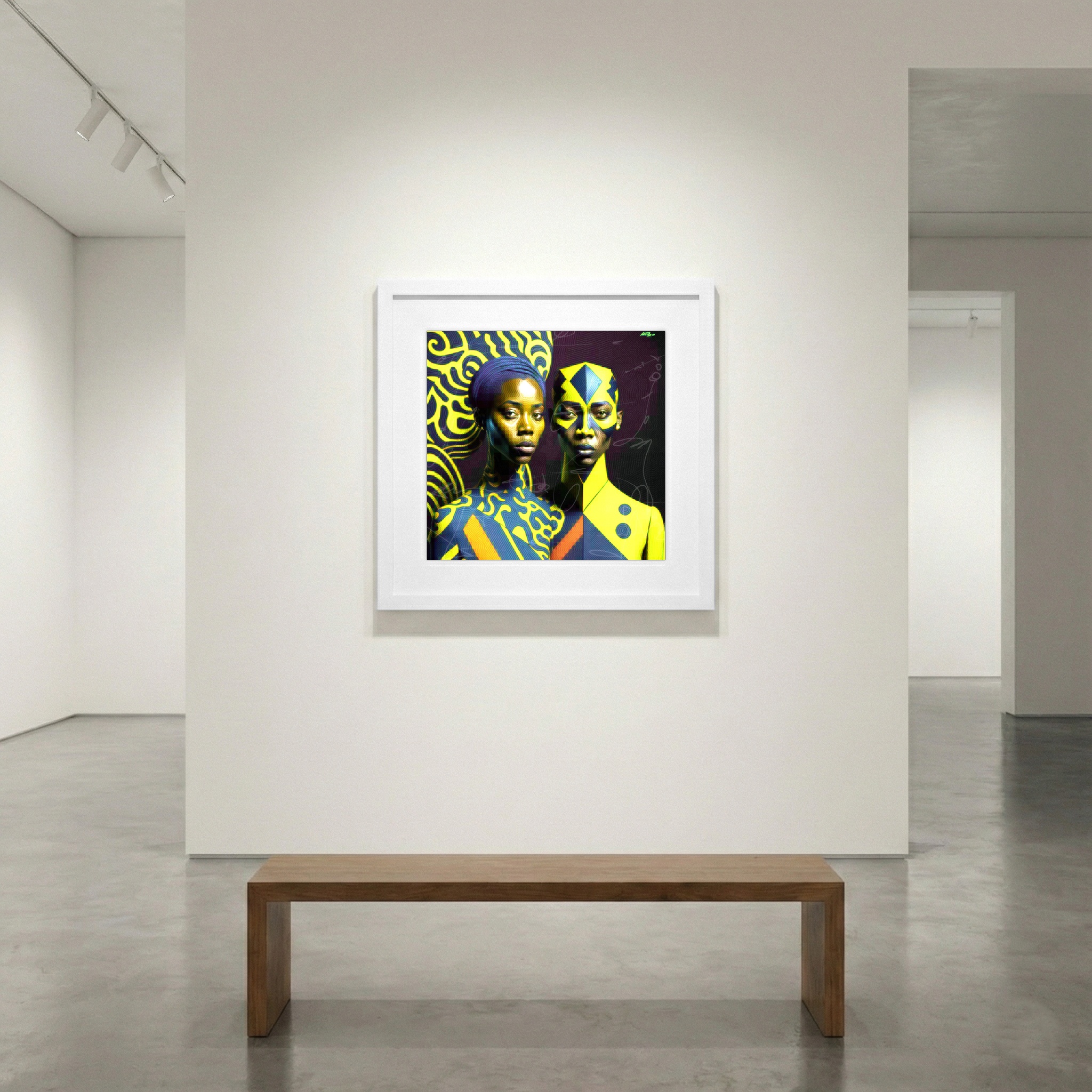 Vibrant Yellow African Style Digital Artwork — art on the wall, room interior preview 1