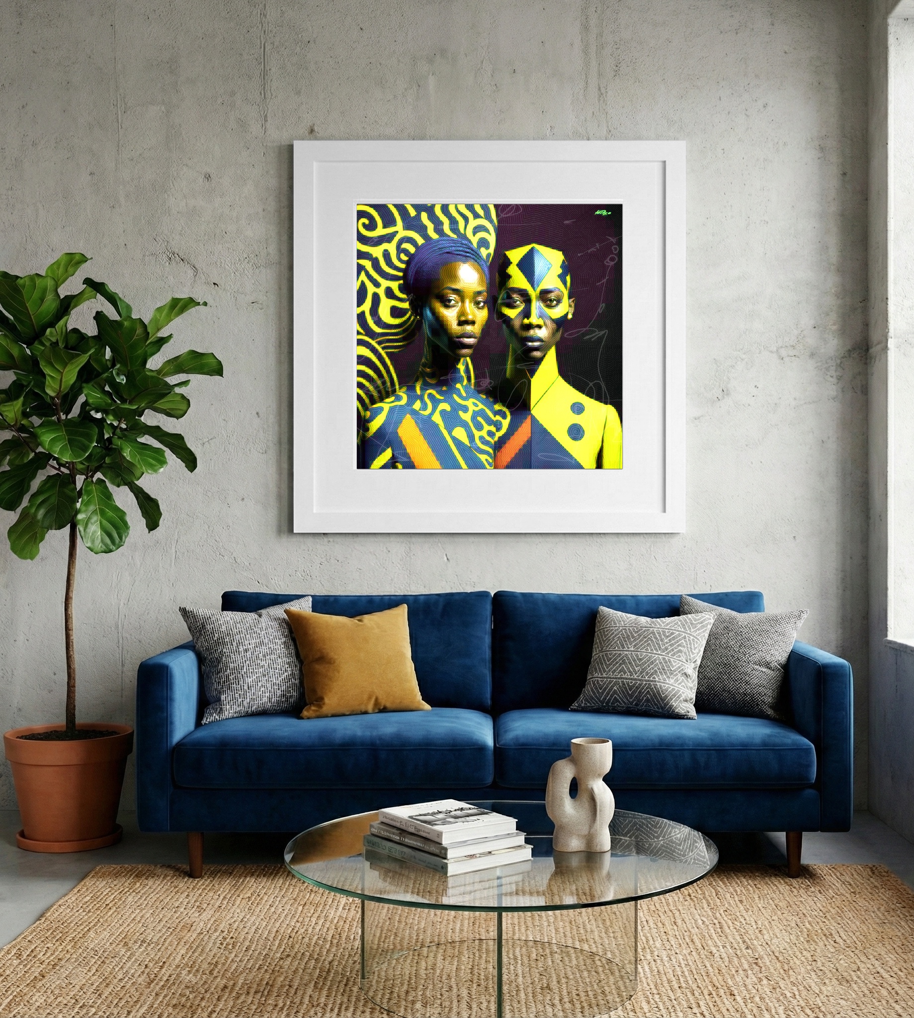 Vibrant Yellow African Style Digital Artwork — art on the wall, room interior preview 2