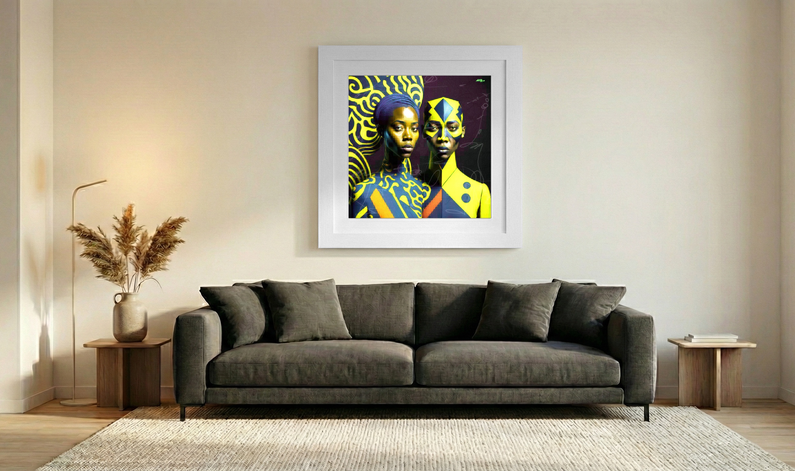 Vibrant Yellow African Style Digital Artwork — art on the wall, room interior preview 3