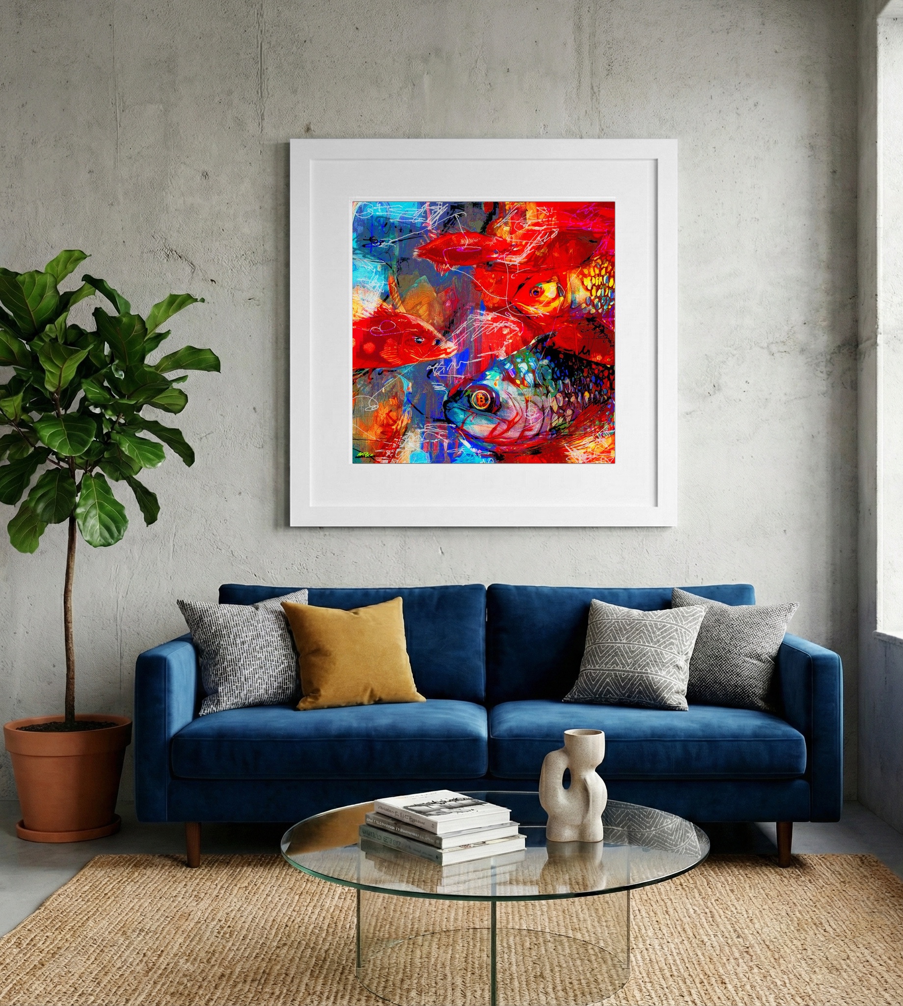 Deep Red and Electric Blue Fish Digital Art — art on the wall, room interior preview 2