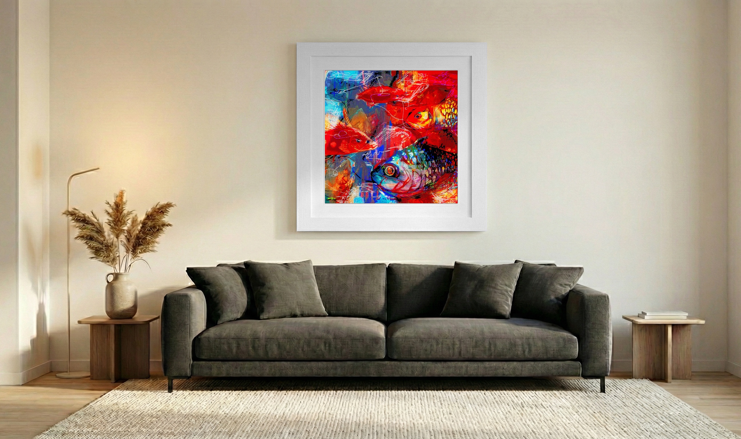 Deep Red and Electric Blue Fish Digital Art — art on the wall, room interior preview 3