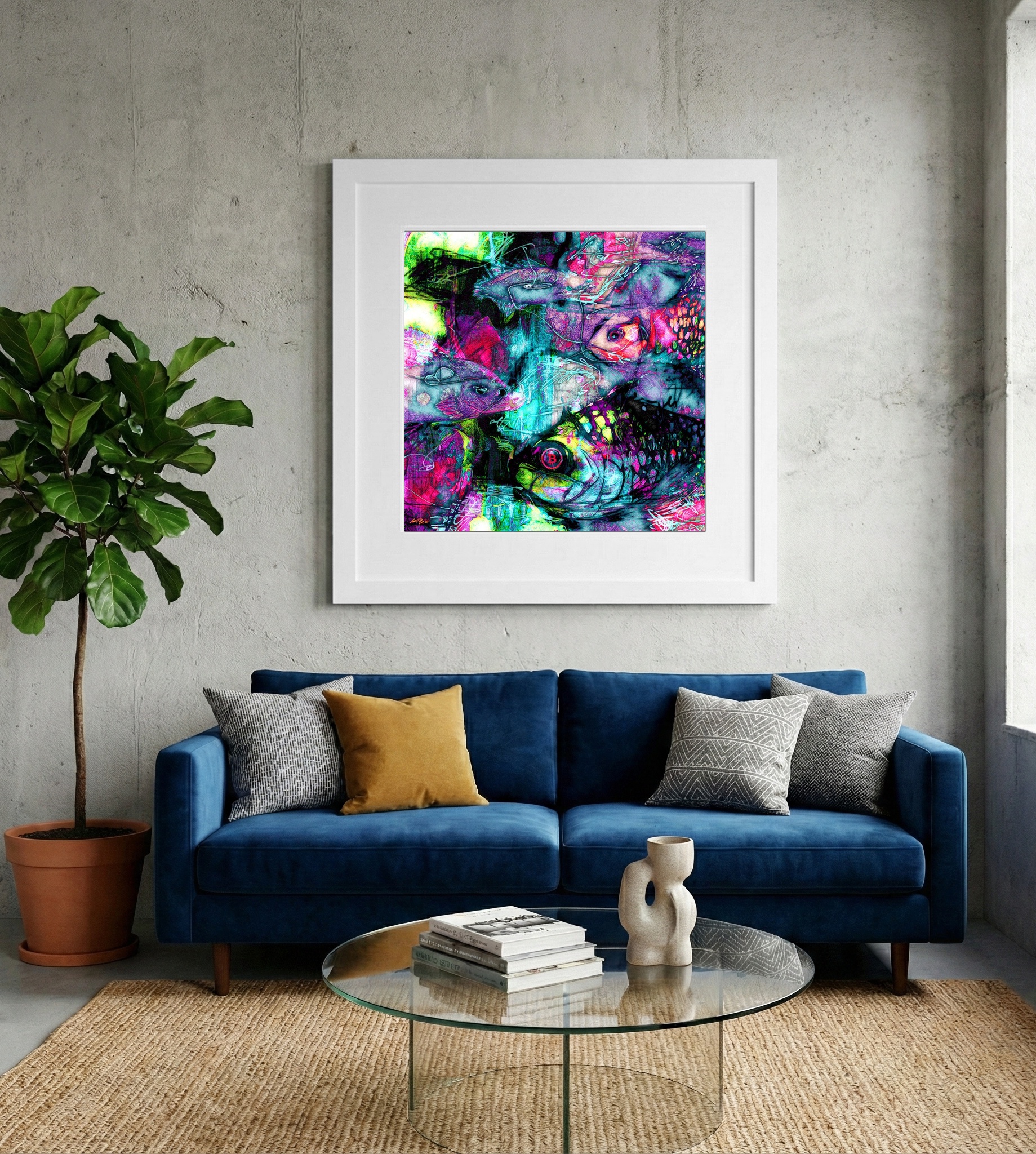 Magenta and Electric Green Fish Digital Art — art on the wall, room interior preview 2
