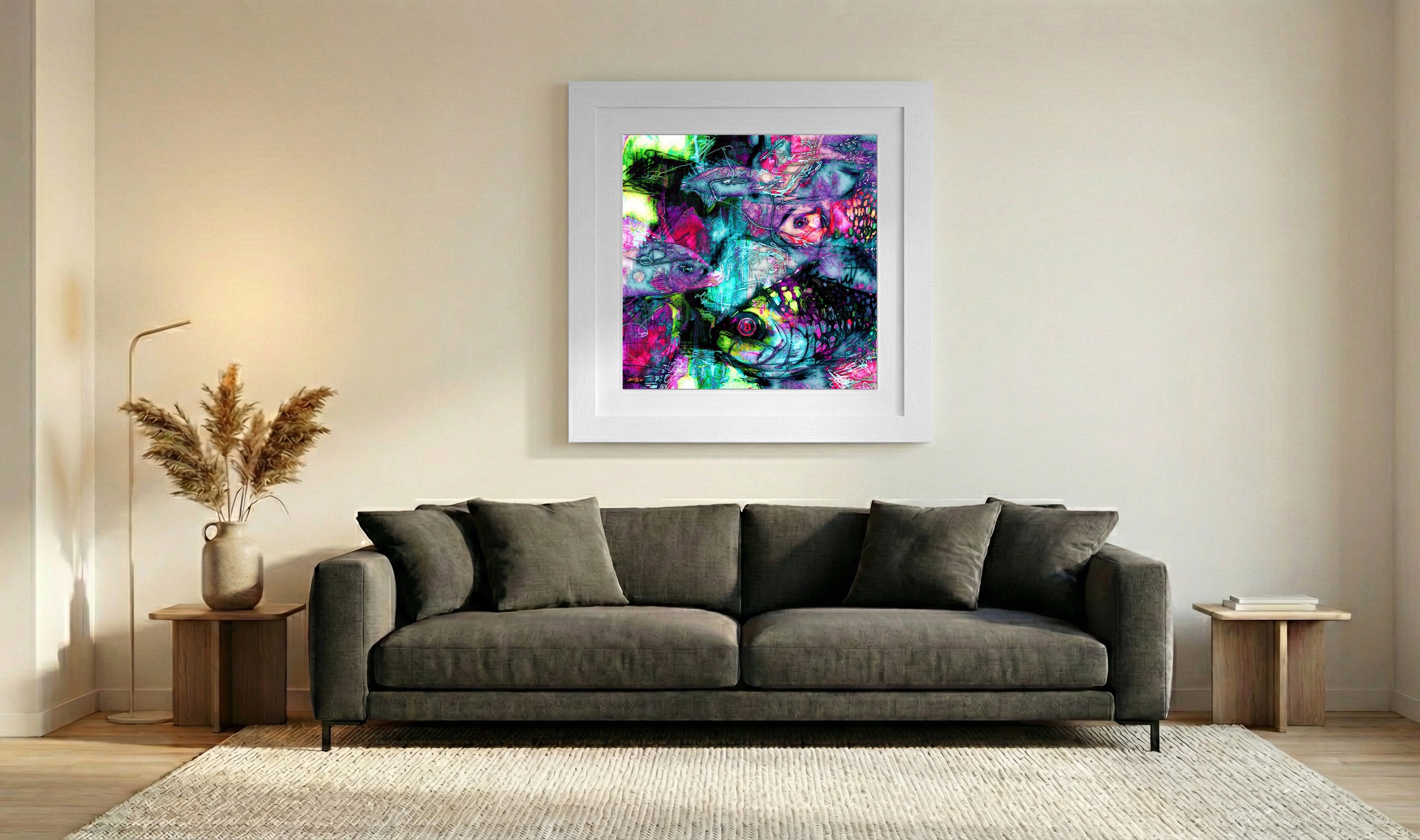 Magenta and Electric Green Fish Digital Art — art on the wall, room interior preview 3