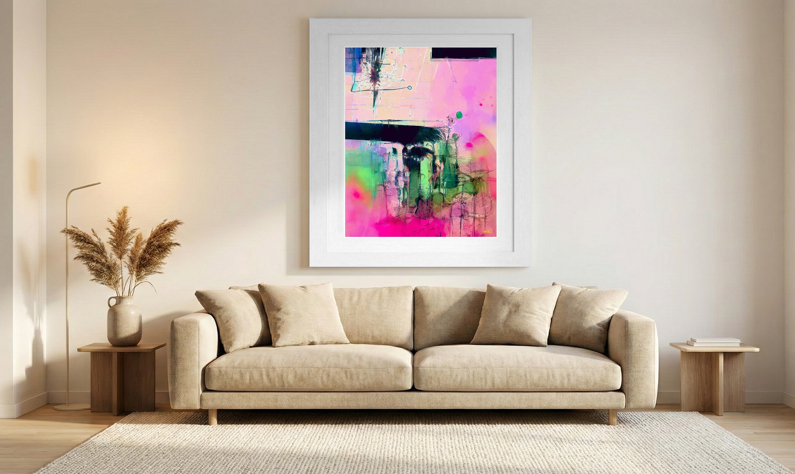 Pinky and Green Abstract Digital Art Print — art on the wall, room interior preview 1