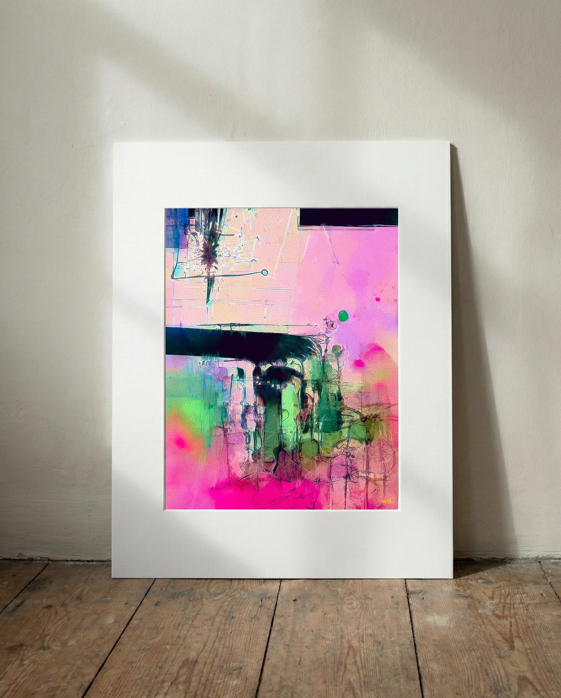 Pinky and Green Abstract Digital Art Print — art on the wall, room interior preview 3