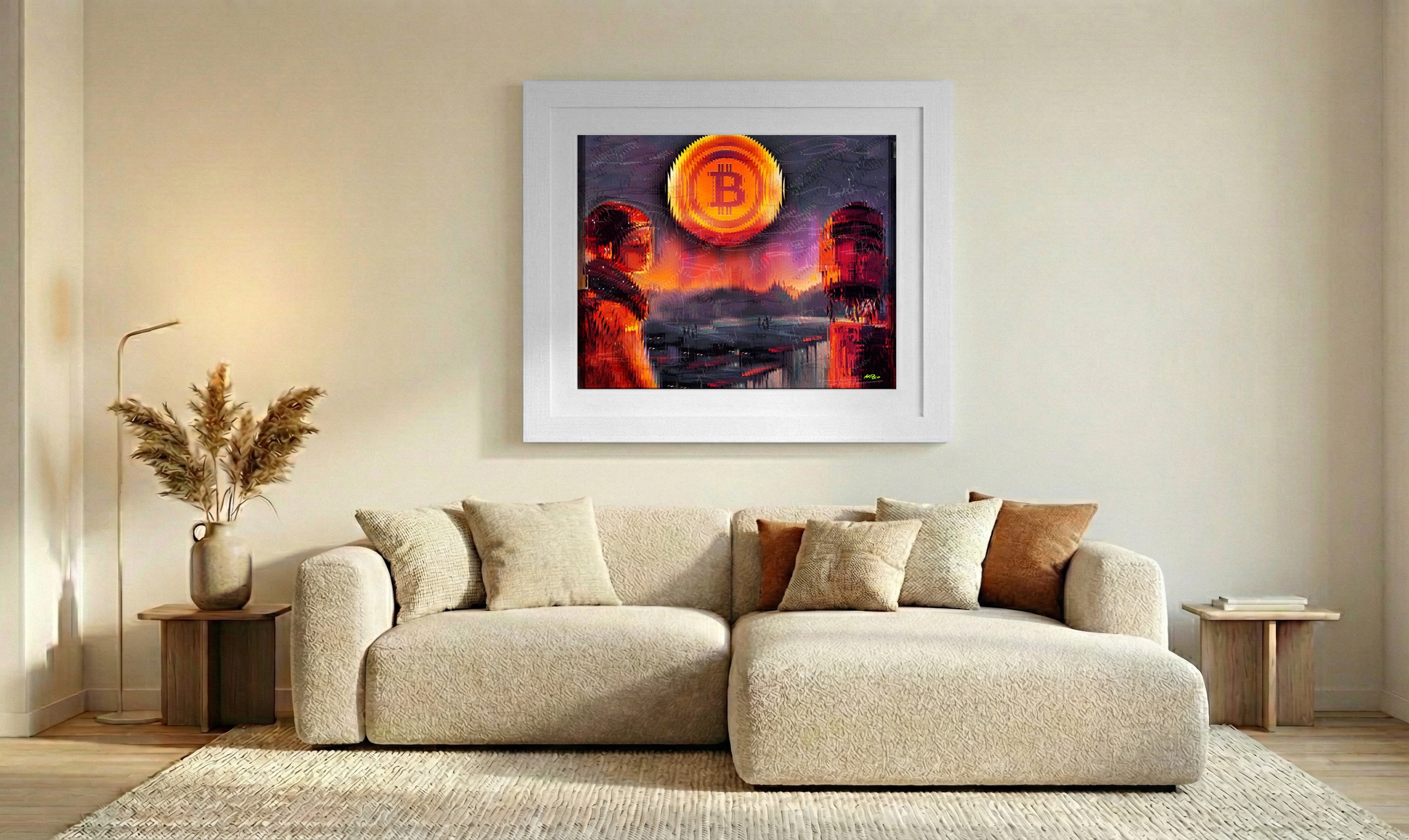 Vibrant Orange Bitcoin and Futuristic Silhouette — art on the wall, room interior preview 1