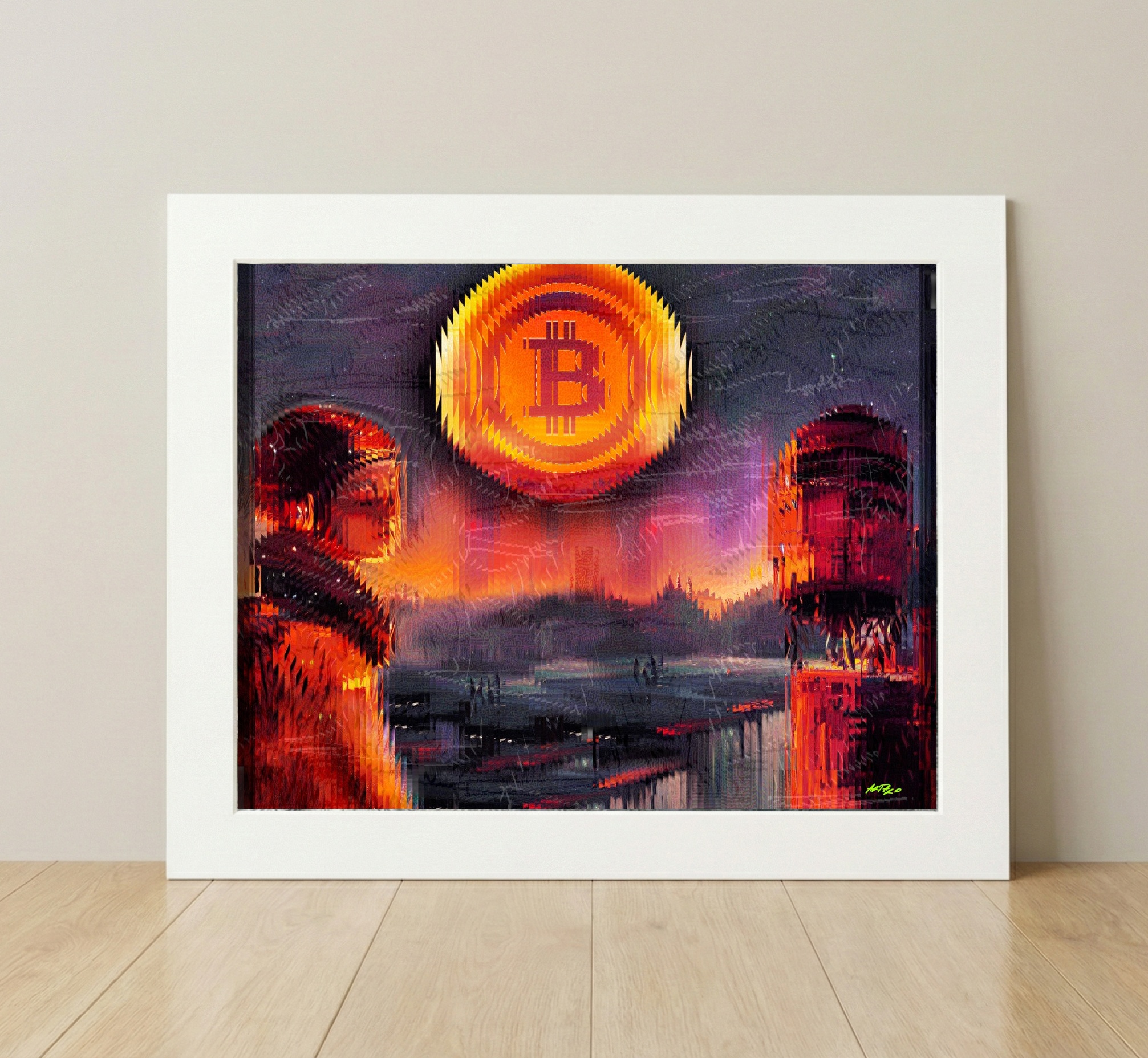 Vibrant Orange Bitcoin and Futuristic Silhouette — art on the wall, room interior preview 2