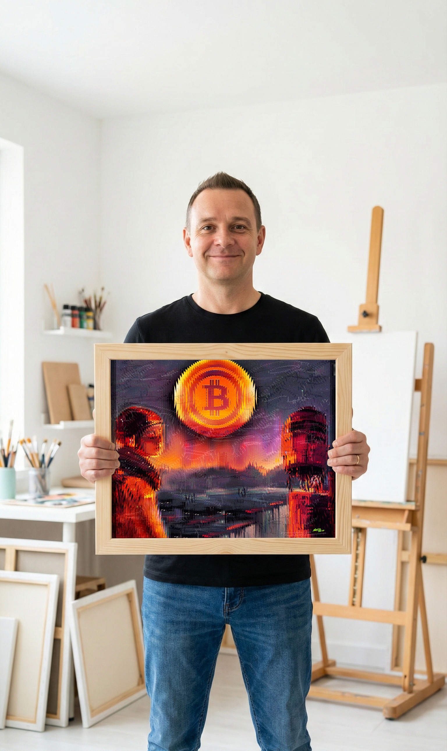 Vibrant Orange Bitcoin and Futuristic Silhouette — art on the wall, room interior preview 3