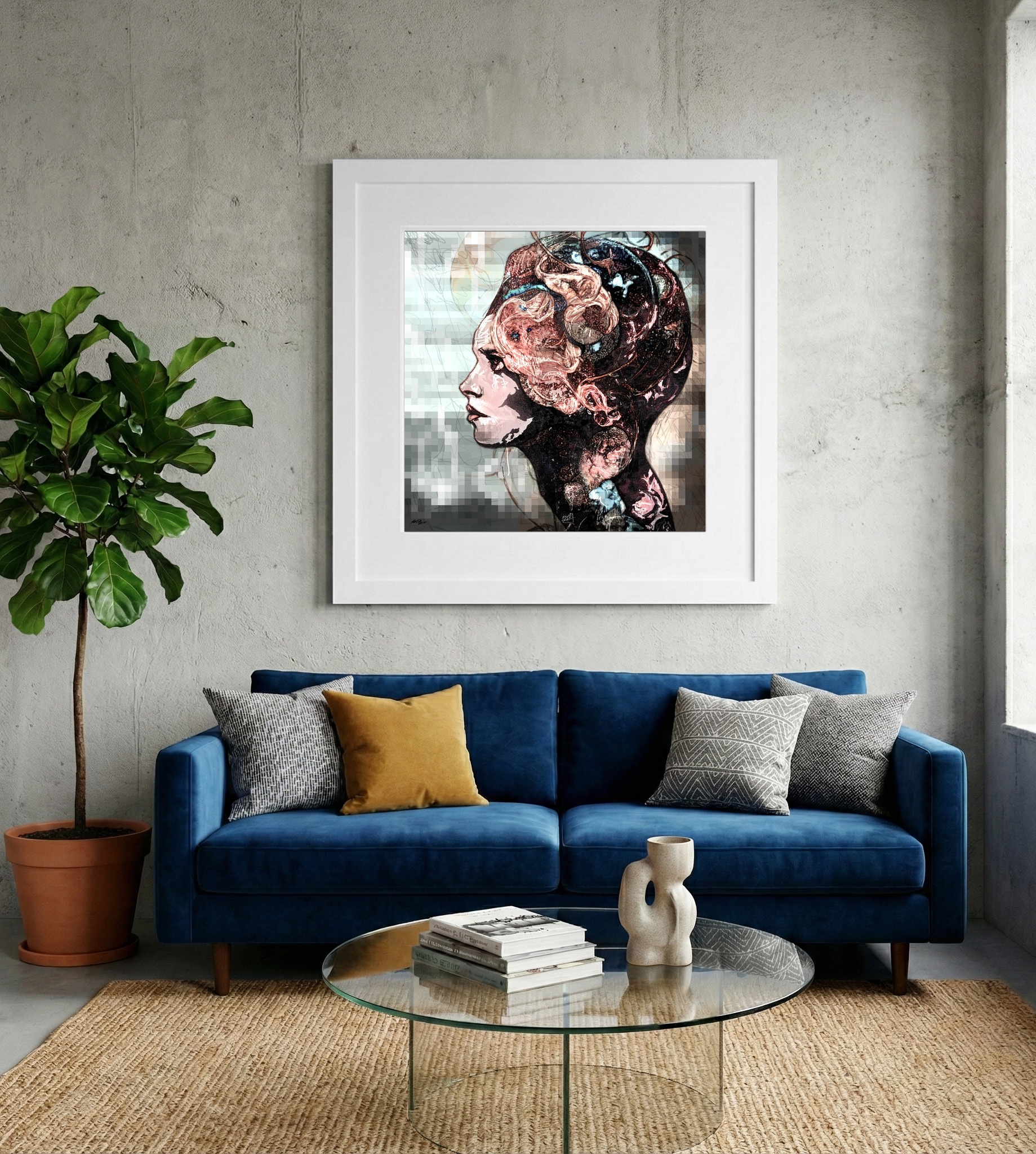 Peach and Black Profile of a Girl Digital Artwork — art on the wall, room interior preview 2